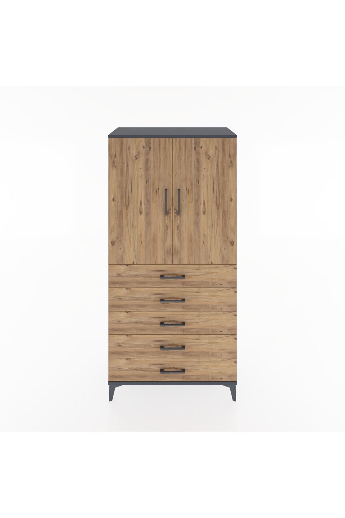 Hyperion Dolap 2 Raflı 5 Çekmeceli 2 Kapaklı 88x44x182 Antrasit-Çam