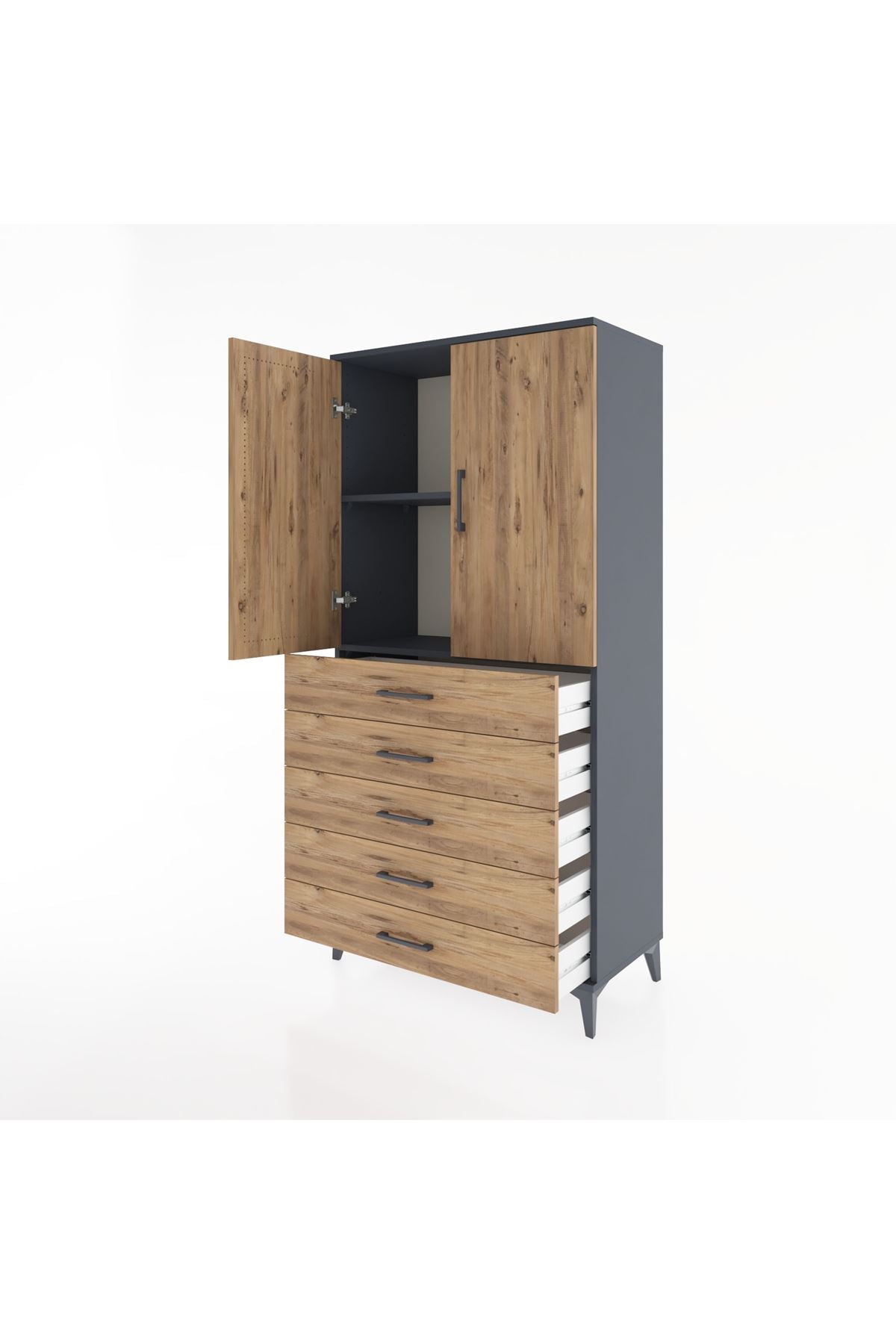 Hyperion Dolap 2 Raflı 5 Çekmeceli 2 Kapaklı 88x44x182 Antrasit-Çam