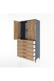 Hyperion Dolap 2 Raflı 5 Çekmeceli 2 Kapaklı 88x44x182 Antrasit-Çam