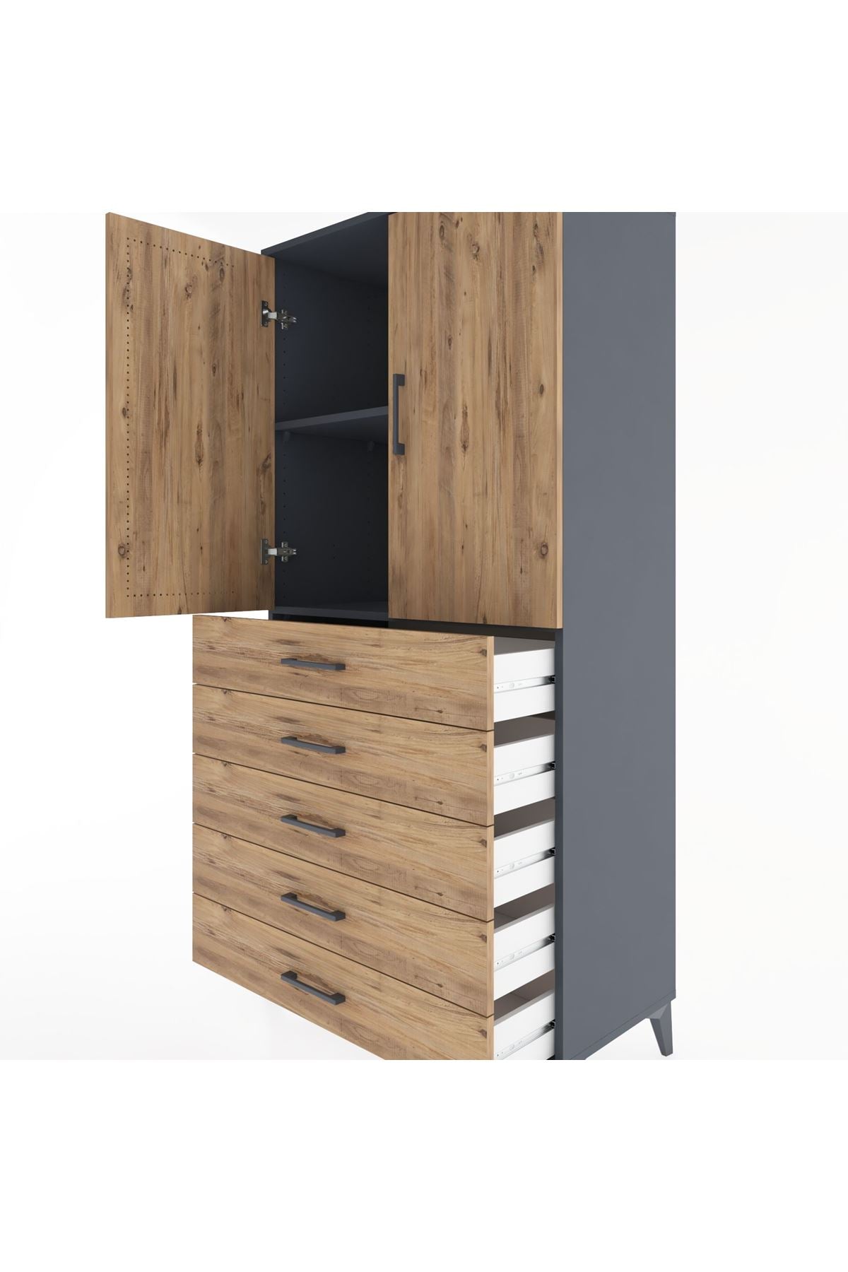 Hyperion Dolap 2 Raflı 5 Çekmeceli 2 Kapaklı 88x44x182 Antrasit-Çam