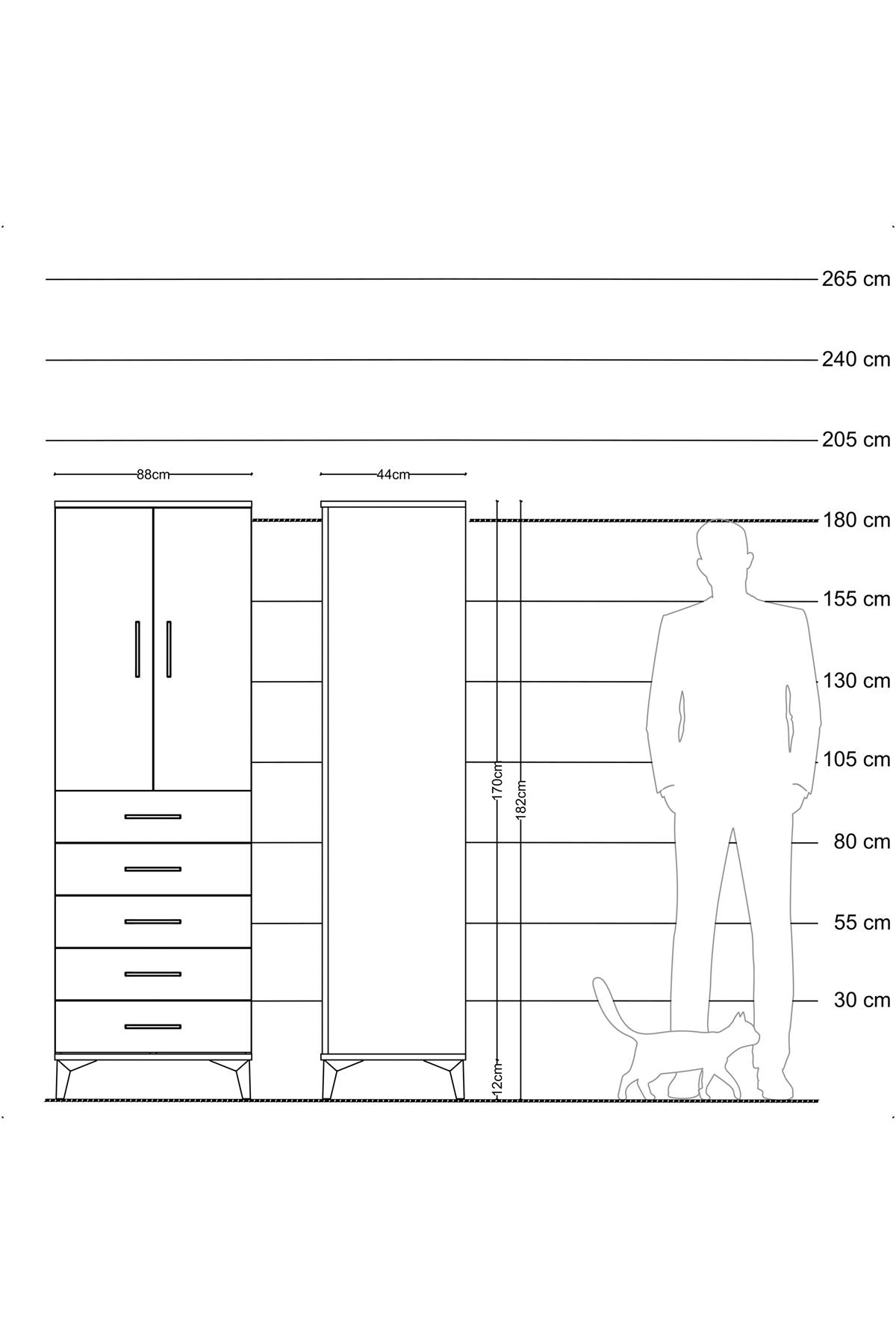 Hyperion Dolap 2 Raflı 5 Çekmeceli 2 Kapaklı 88x44x182 Antrasit-Çam