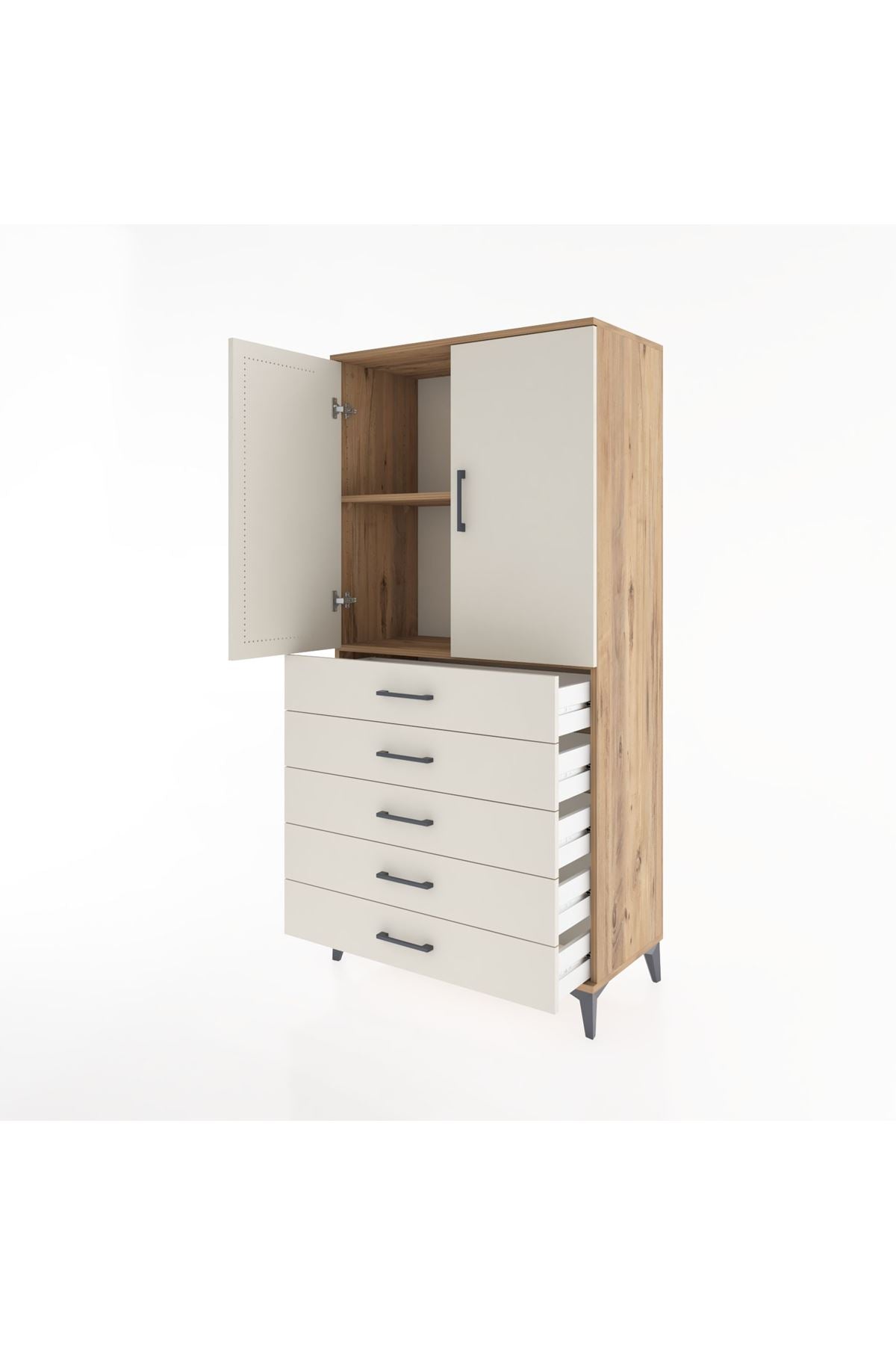 Hyperion Dolap 2 Raflı 5 Çekmeceli 2 Kapaklı 88x44x182 Çam-Aytaşı