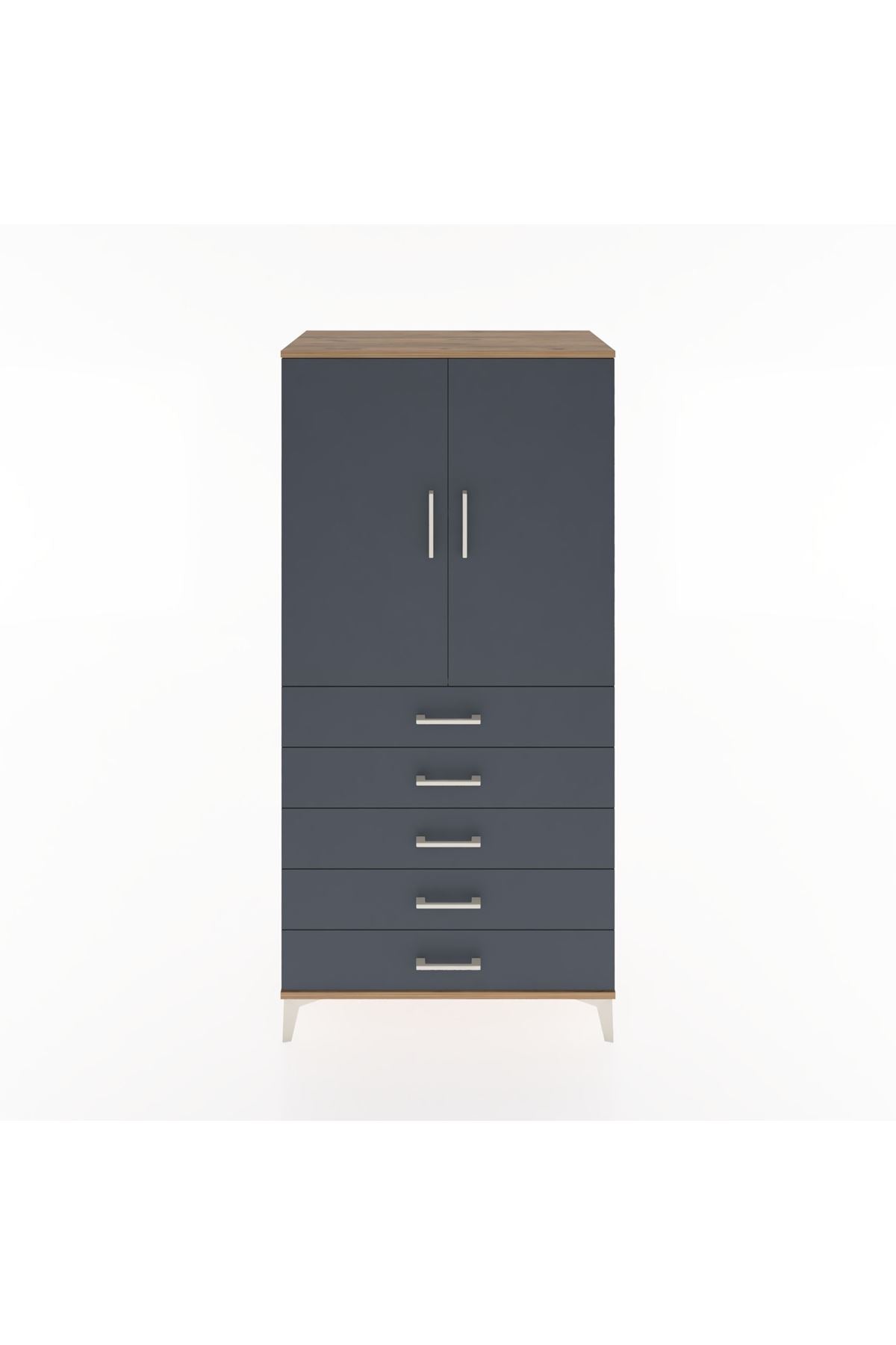 Hyperion Dolap 2 Raflı 5 Çekmeceli 2 Kapaklı 88x44x182 Çam-Antrasit