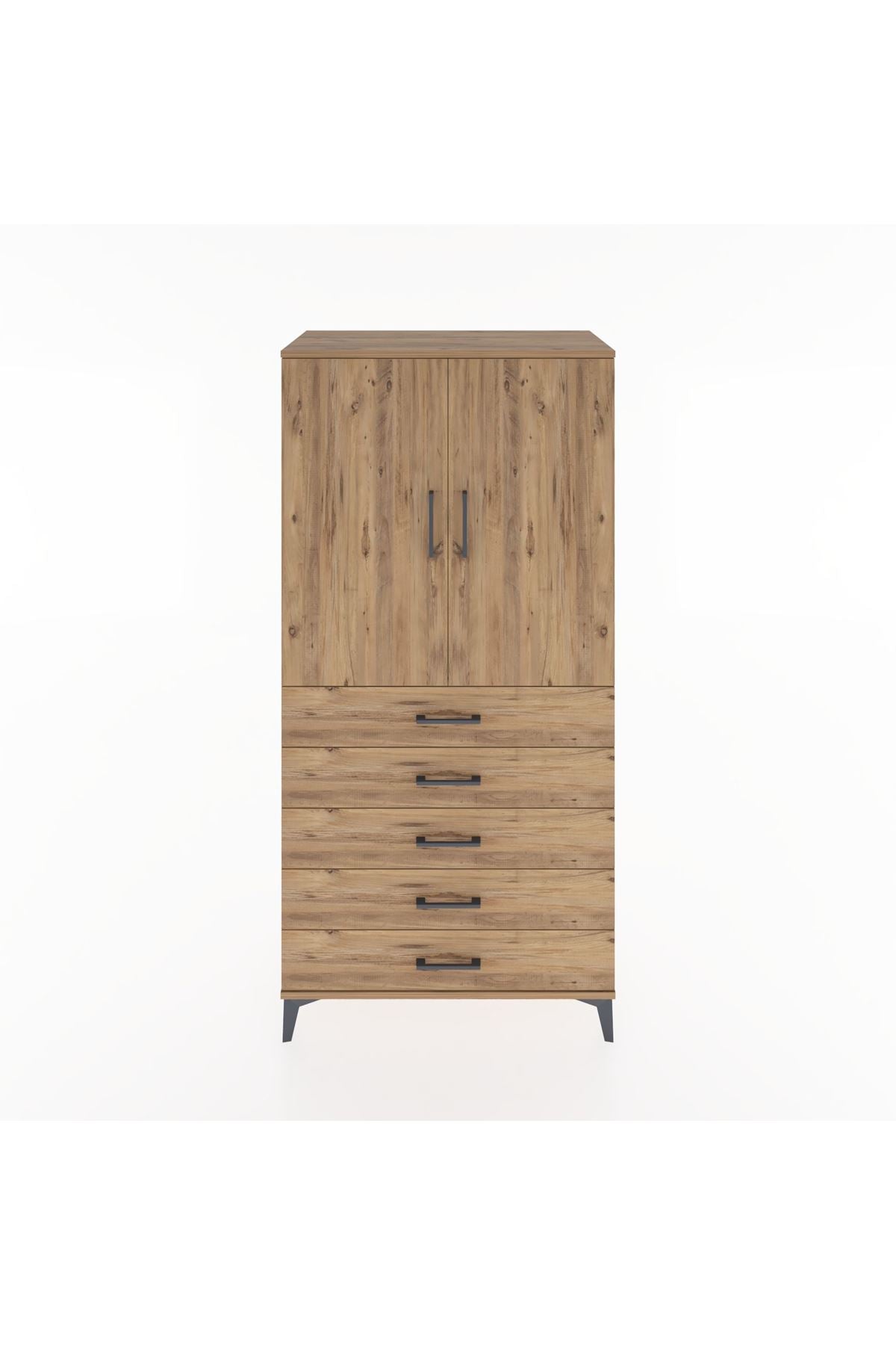 Hyperion Dolap 2 Raflı 5 Çekmeceli 2 Kapaklı 88x44x182 Çam-Çam