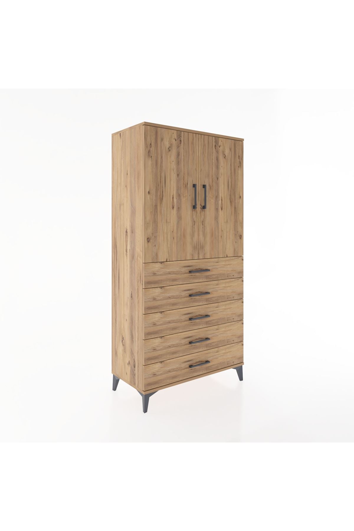 Hyperion Dolap 2 Raflı 5 Çekmeceli 2 Kapaklı 88x44x182 Çam-Çam