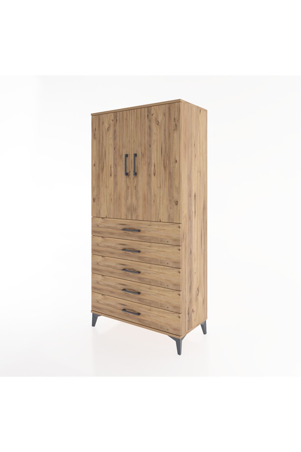 Hyperion Dolap 2 Raflı 5 Çekmeceli 2 Kapaklı 88x44x182 Çam-Çam