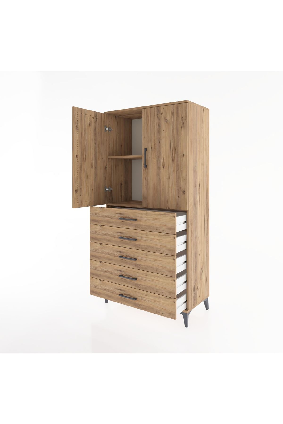 Hyperion Dolap 2 Raflı 5 Çekmeceli 2 Kapaklı 88x44x182 Çam-Çam