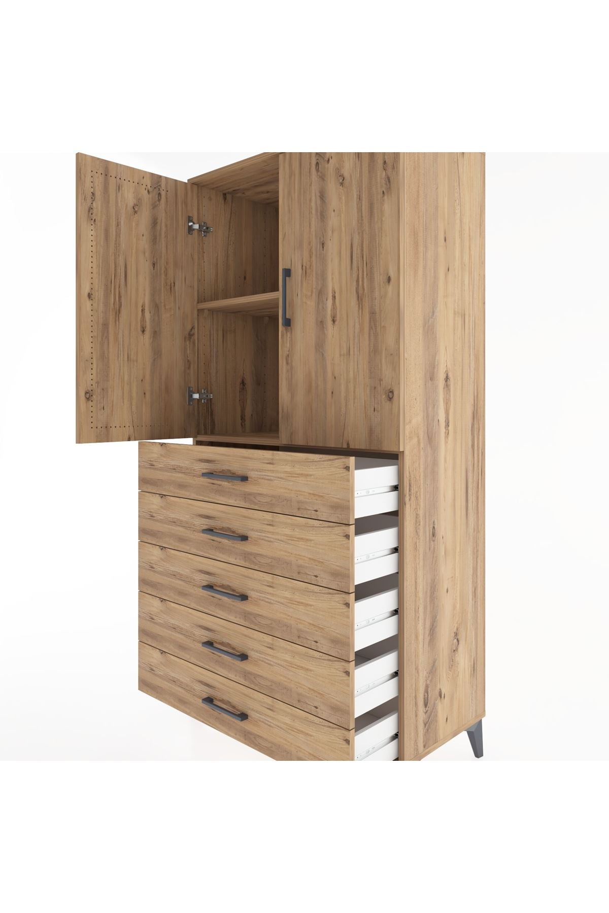 Hyperion Dolap 2 Raflı 5 Çekmeceli 2 Kapaklı 88x44x182 Çam-Çam