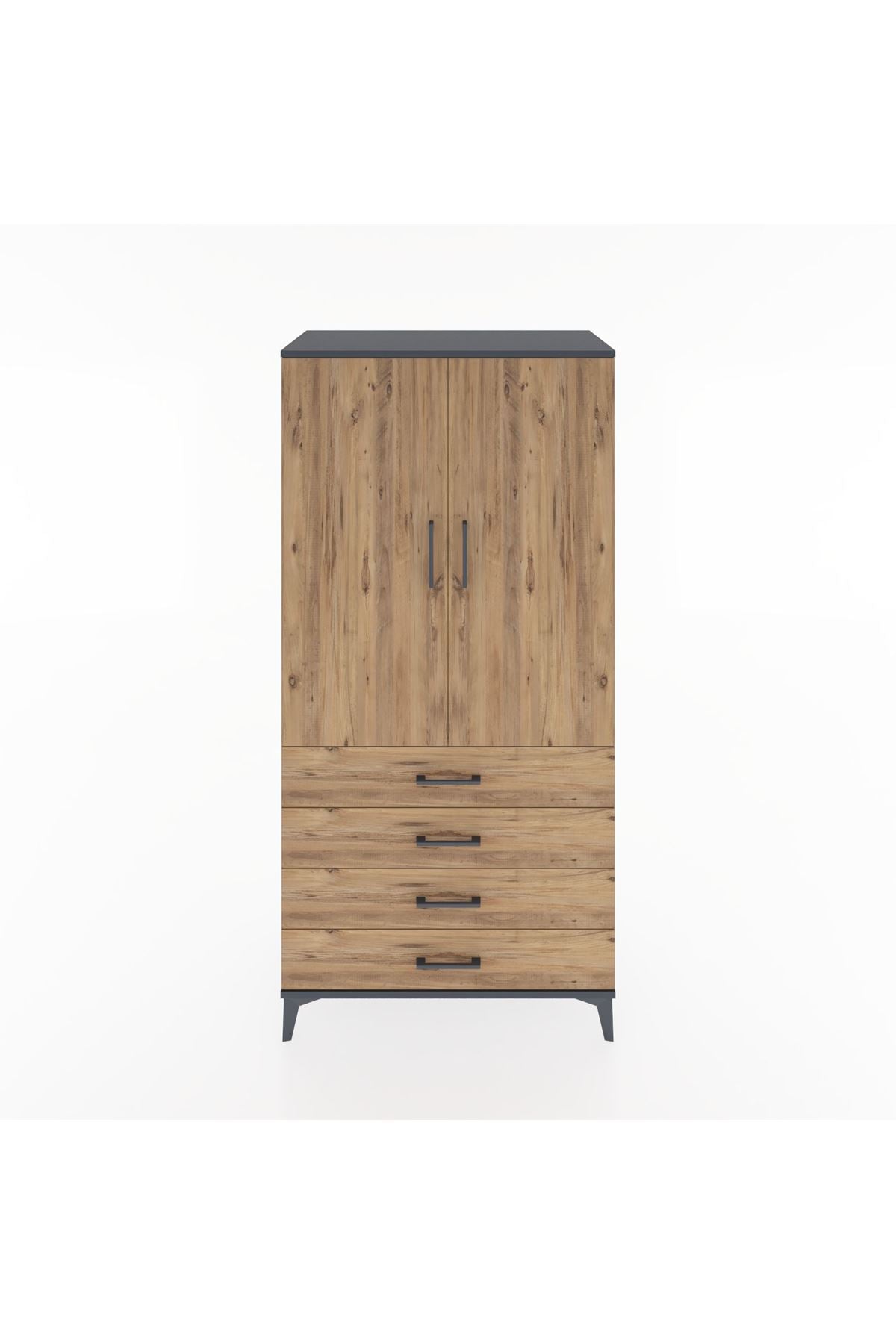 Hyperion Dolap 2 Raflı 4 Çekmeceli 2 Kapaklı 88x44x182 Antrasit-Çam