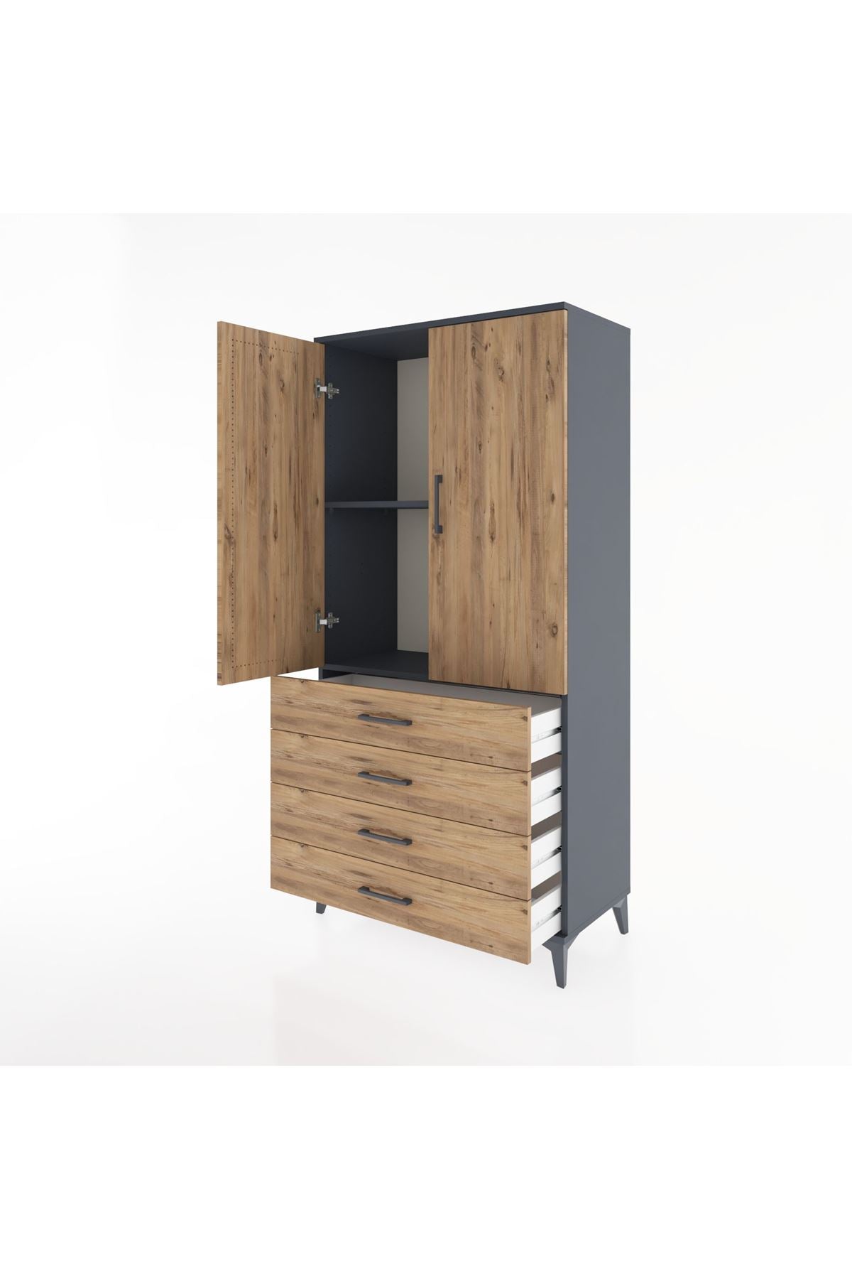 Hyperion Dolap 2 Raflı 4 Çekmeceli 2 Kapaklı 88x44x182 Antrasit-Çam