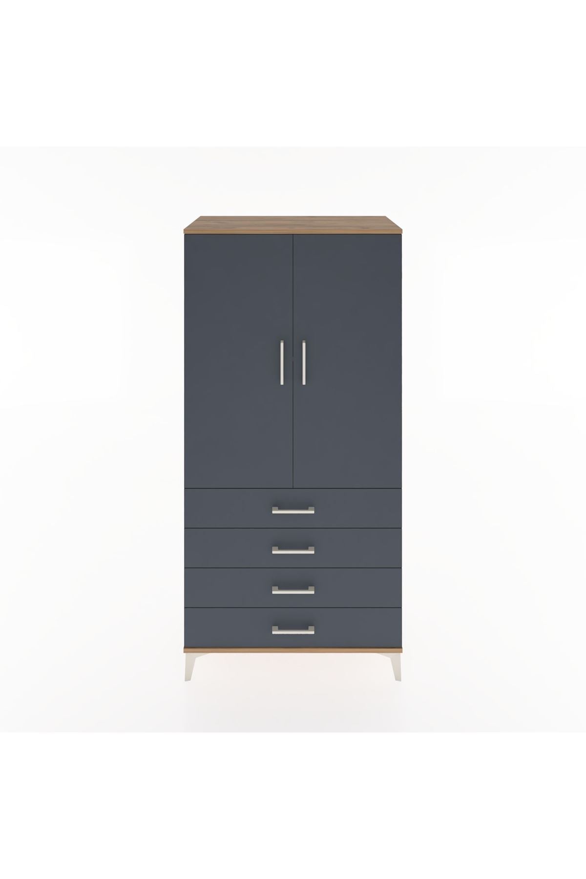 Hyperion Dolap 2 Raflı 4 Çekmeceli 2 Kapaklı 88x44x182 Çam-Antrasit