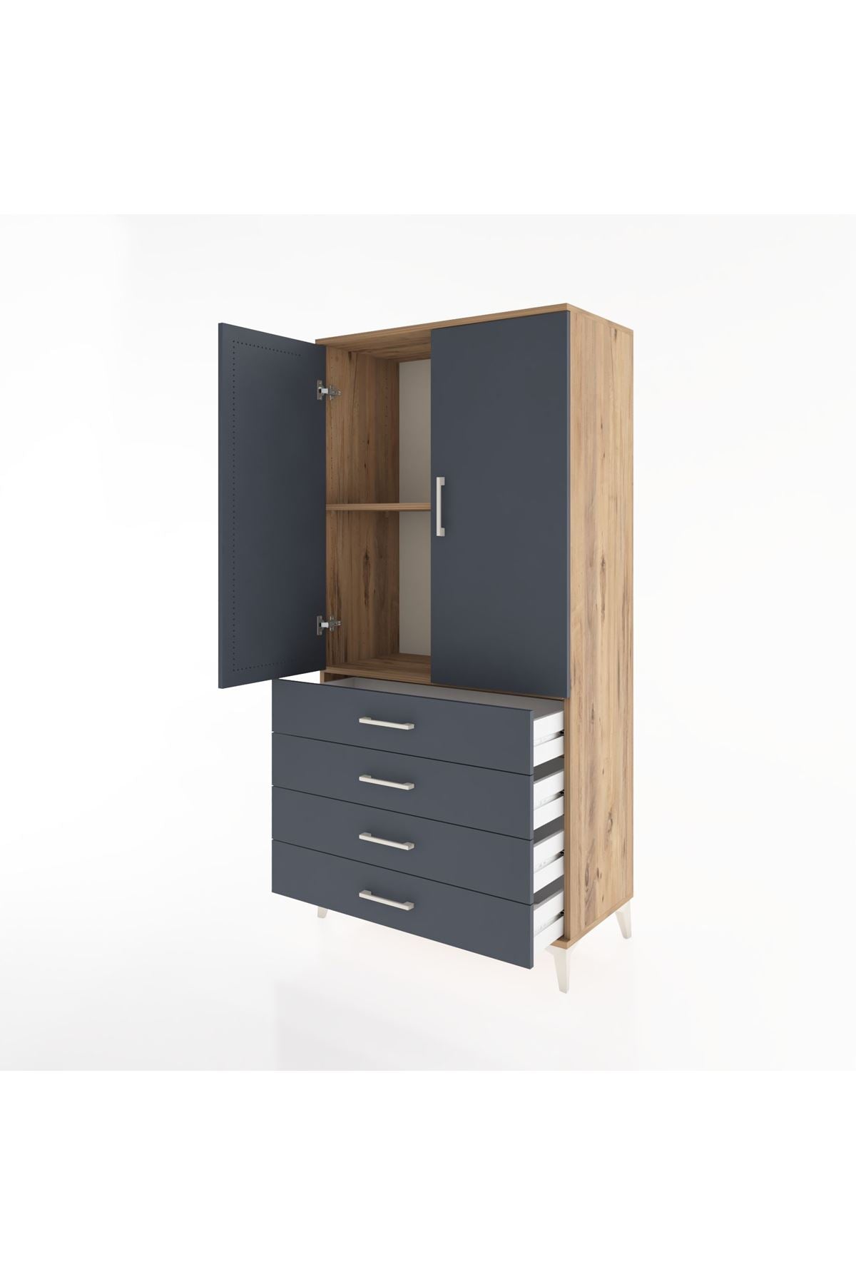 Hyperion Dolap 2 Raflı 4 Çekmeceli 2 Kapaklı 88x44x182 Çam-Antrasit