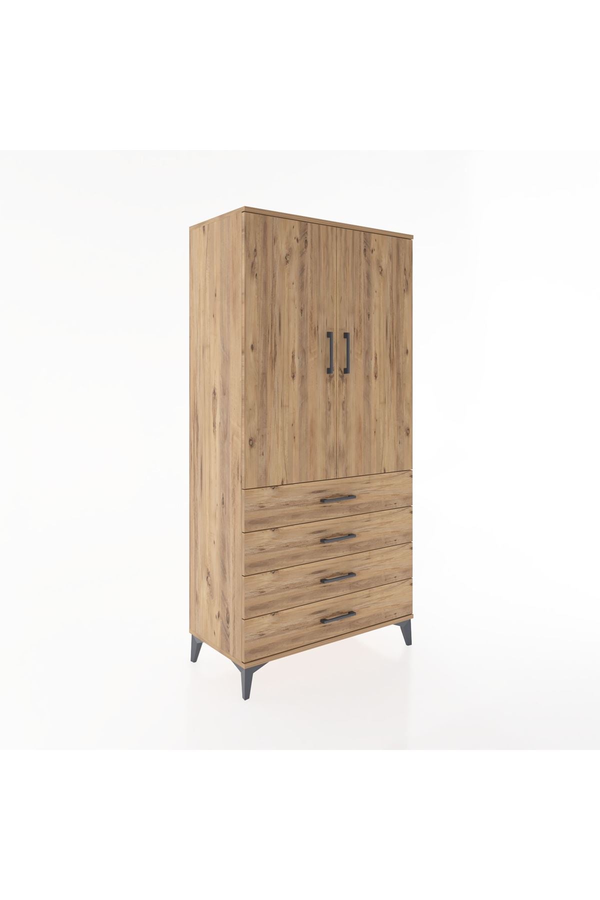 Hyperion Dolap 2 Raflı 4 Çekmeceli 2 Kapaklı 88x44x182 Çam-Çam