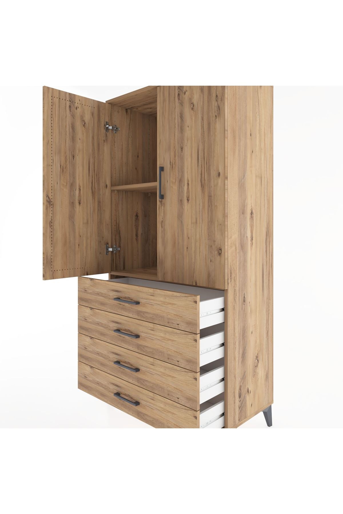 Hyperion Dolap 2 Raflı 4 Çekmeceli 2 Kapaklı 88x44x182 Çam-Çam