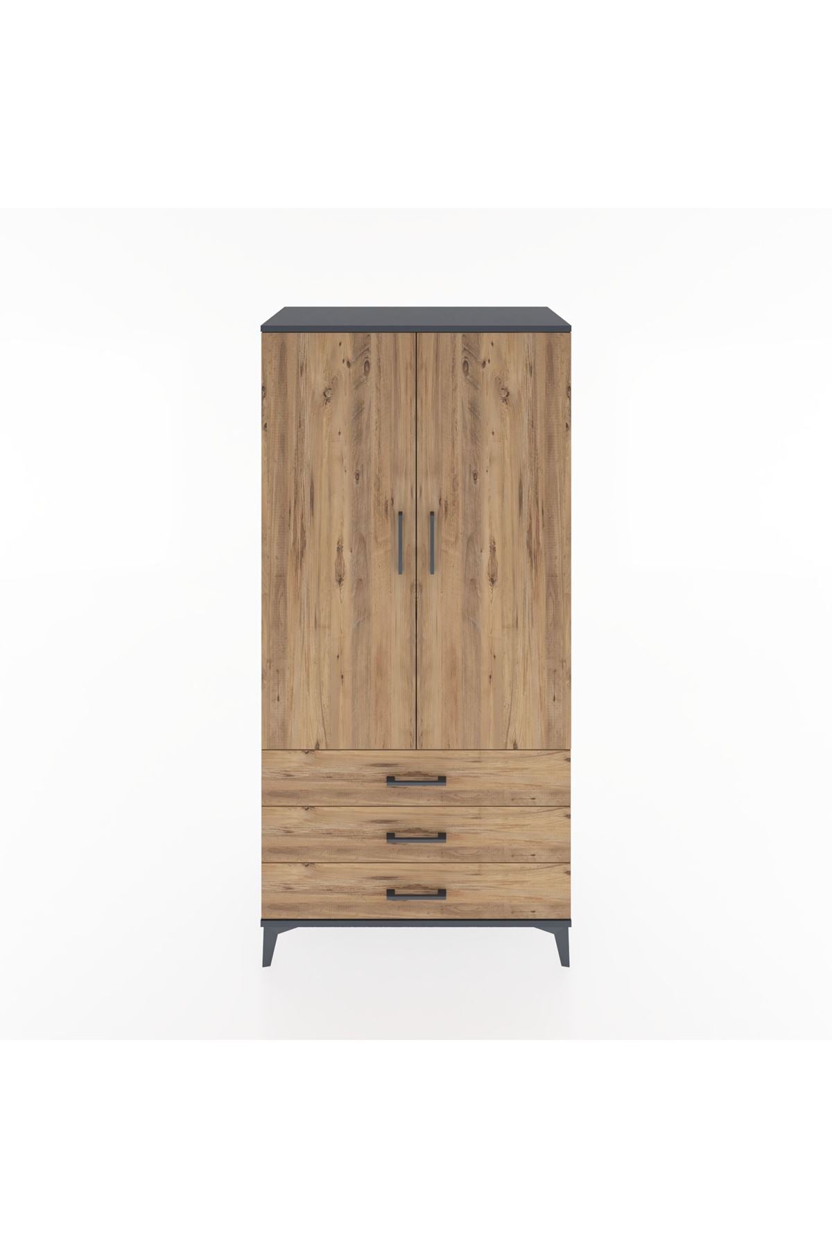 Hyperion Dolap 2 Raflı 3 Çekmeceli 2 Kapaklı 88x44x182 Antrasit-Çam