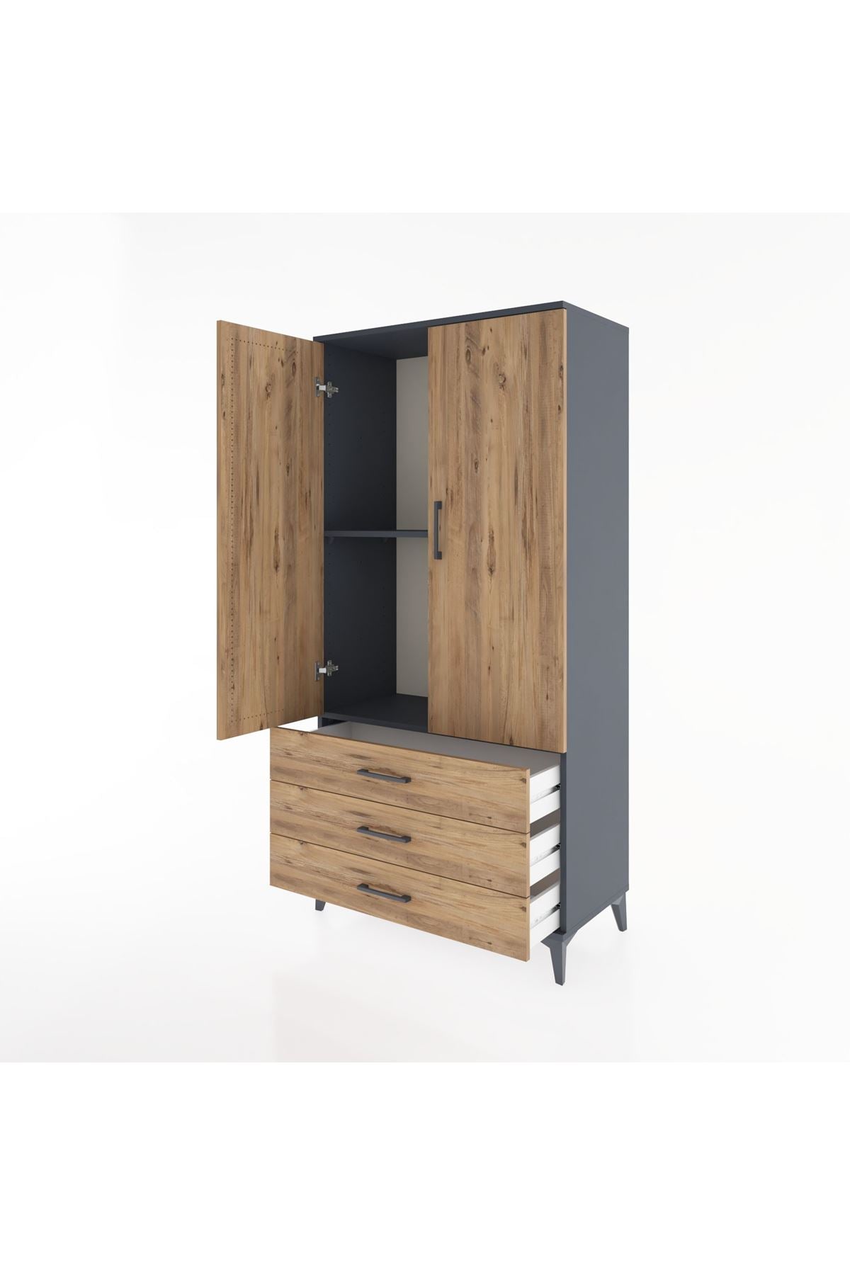 Hyperion Dolap 2 Raflı 3 Çekmeceli 2 Kapaklı 88x44x182 Antrasit-Çam