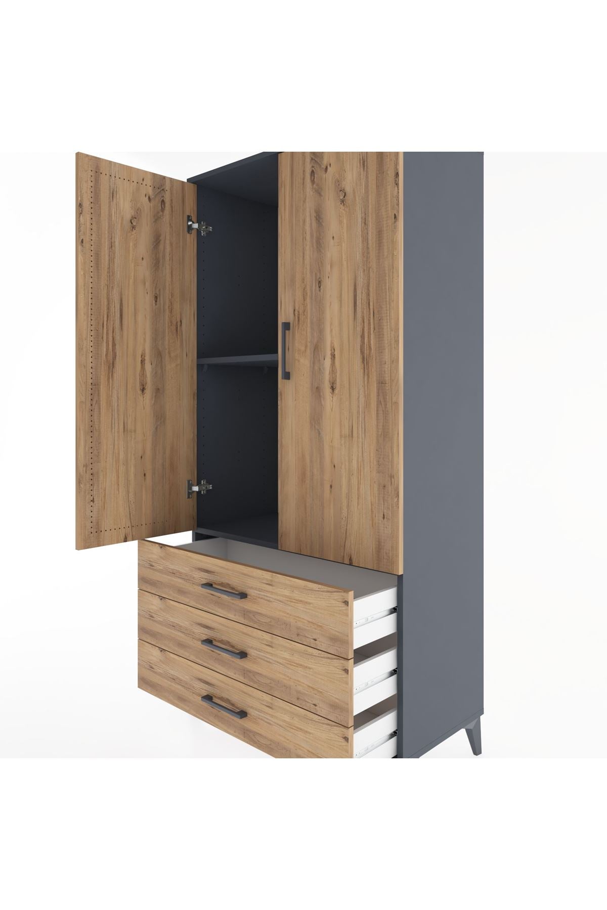 Hyperion Dolap 2 Raflı 3 Çekmeceli 2 Kapaklı 88x44x182 Antrasit-Çam