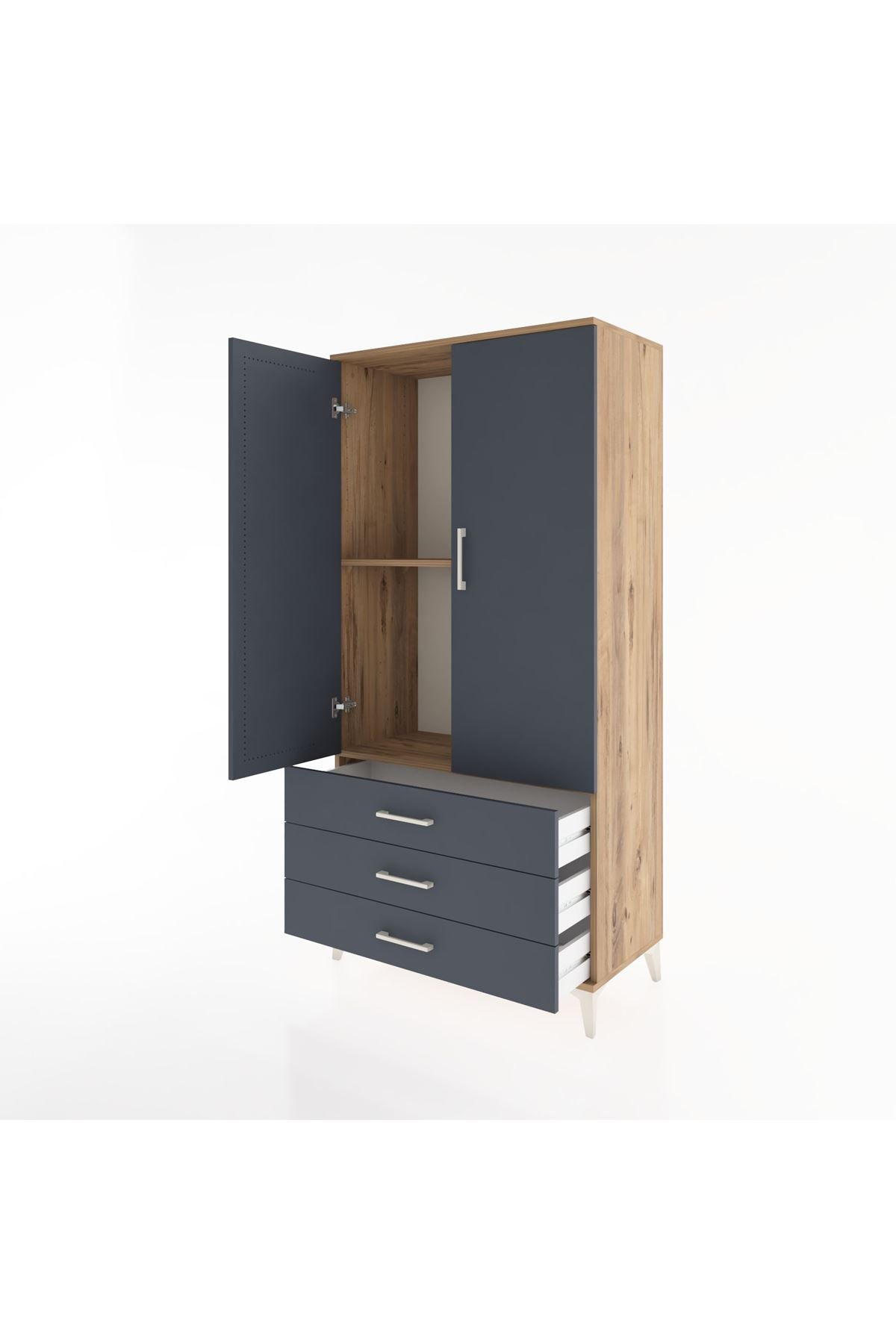 Hyperion Dolap 2 Raflı 3 Çekmeceli 2 Kapaklı 88x44x182 Çam-Antrasit