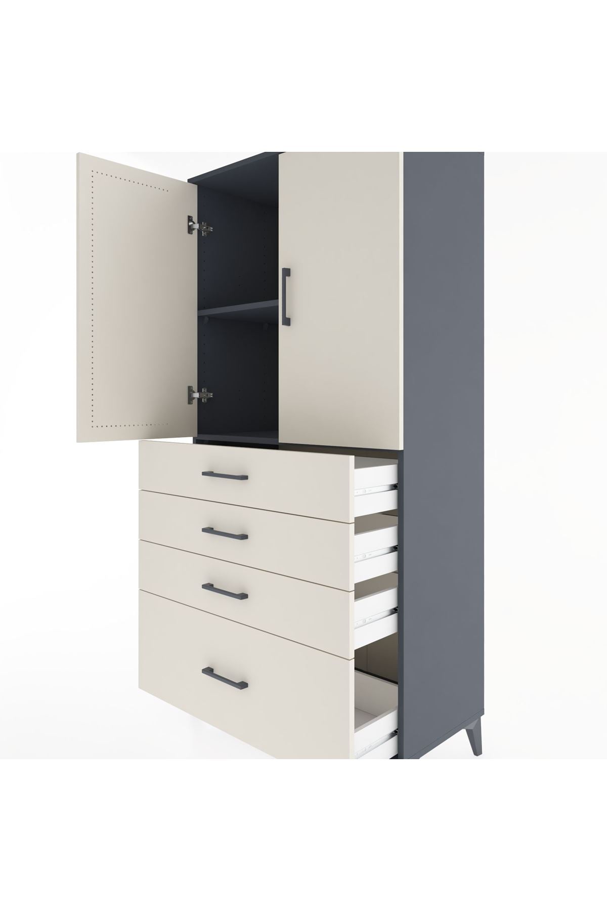 Hyperion Dolap 2 Raflı 4 Çekmeceli 2 Kapaklı 88x44x182 Antrasit-Aytaşı