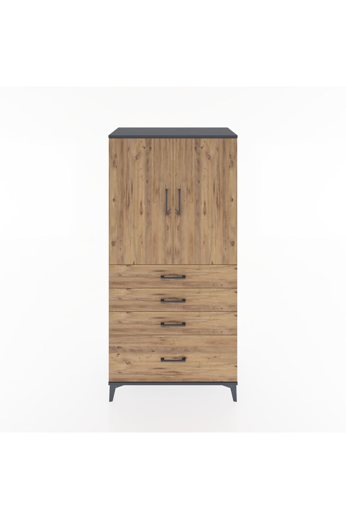 Hyperion Dolap 2 Raflı 4 Çekmeceli 2 Kapaklı 88x44x182 Antrasit-Çam