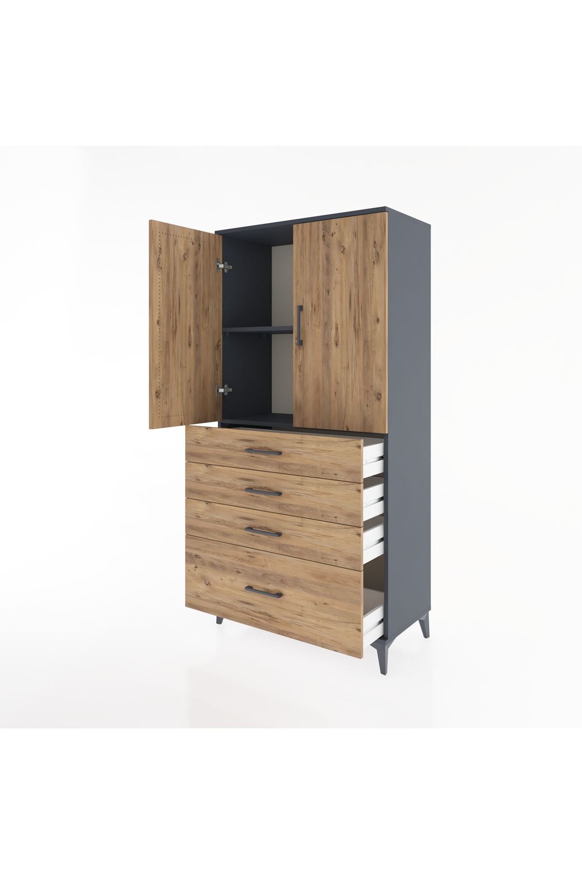 Hyperion Dolap 2 Raflı 4 Çekmeceli 2 Kapaklı 88x44x182 Antrasit-Çam