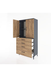 Hyperion Dolap 2 Raflı 4 Çekmeceli 2 Kapaklı 88x44x182 Antrasit-Çam