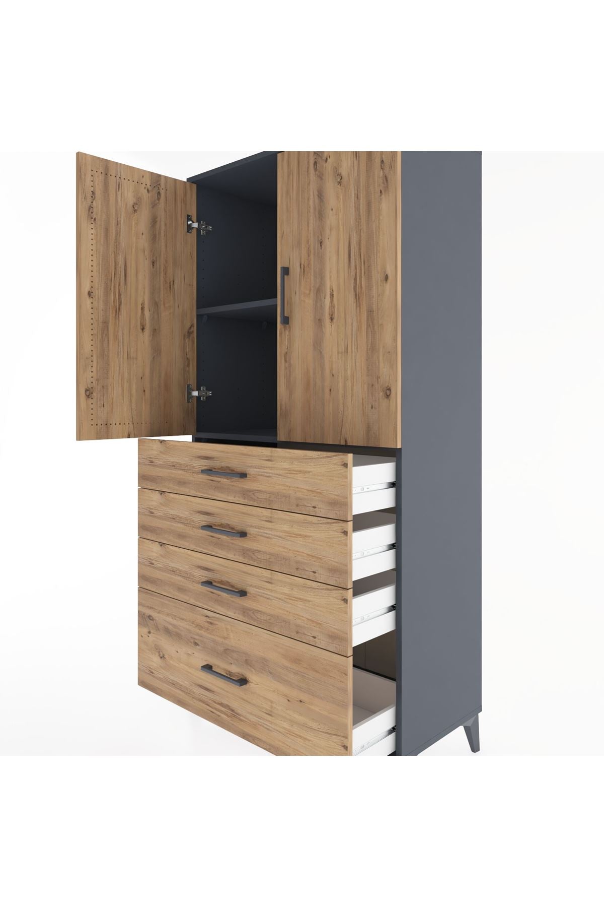 Hyperion Dolap 2 Raflı 4 Çekmeceli 2 Kapaklı 88x44x182 Antrasit-Çam