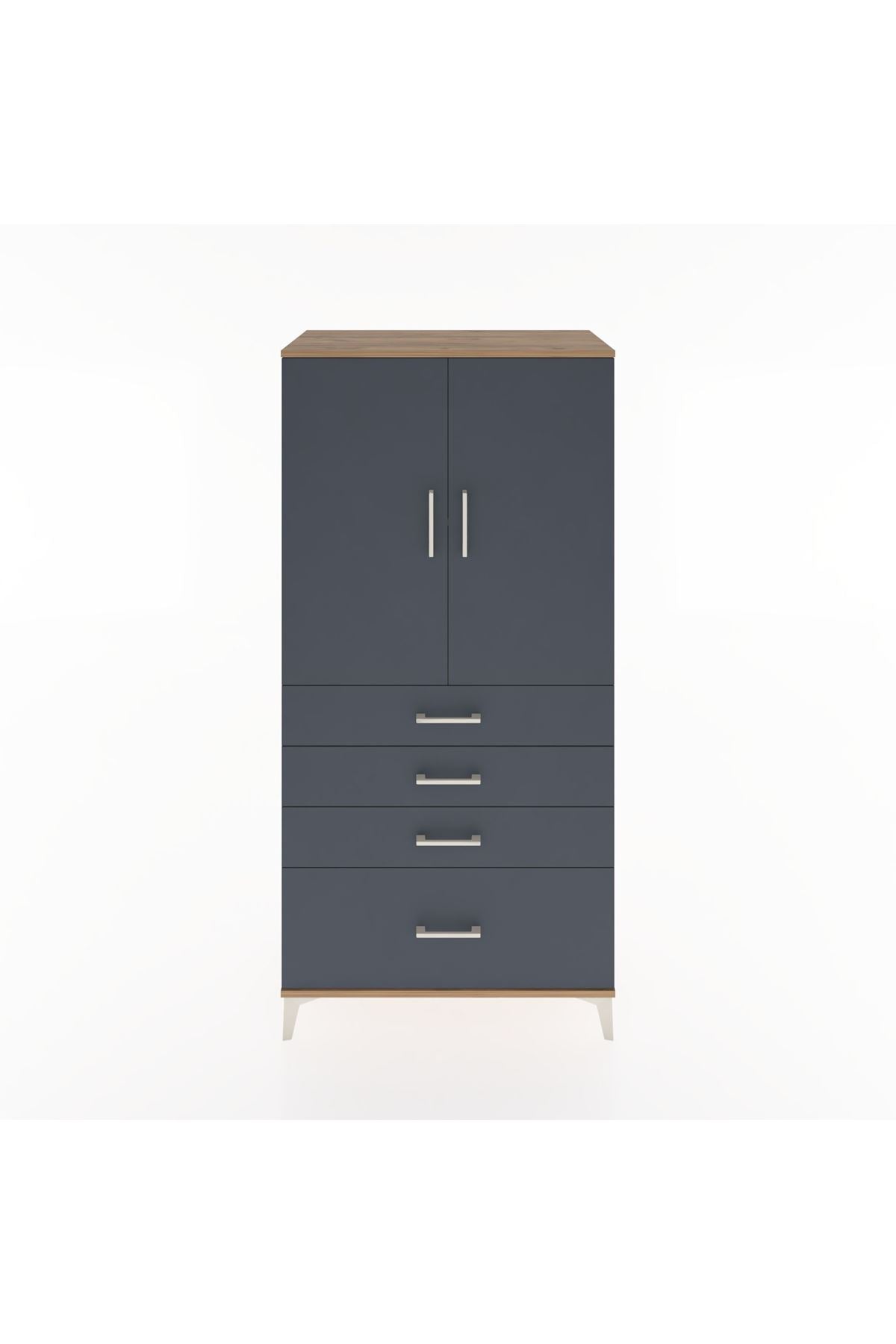 Hyperion Dolap 2 Raflı 4 Çekmeceli 2 Kapaklı 88x44x182 Çam-Antrasit