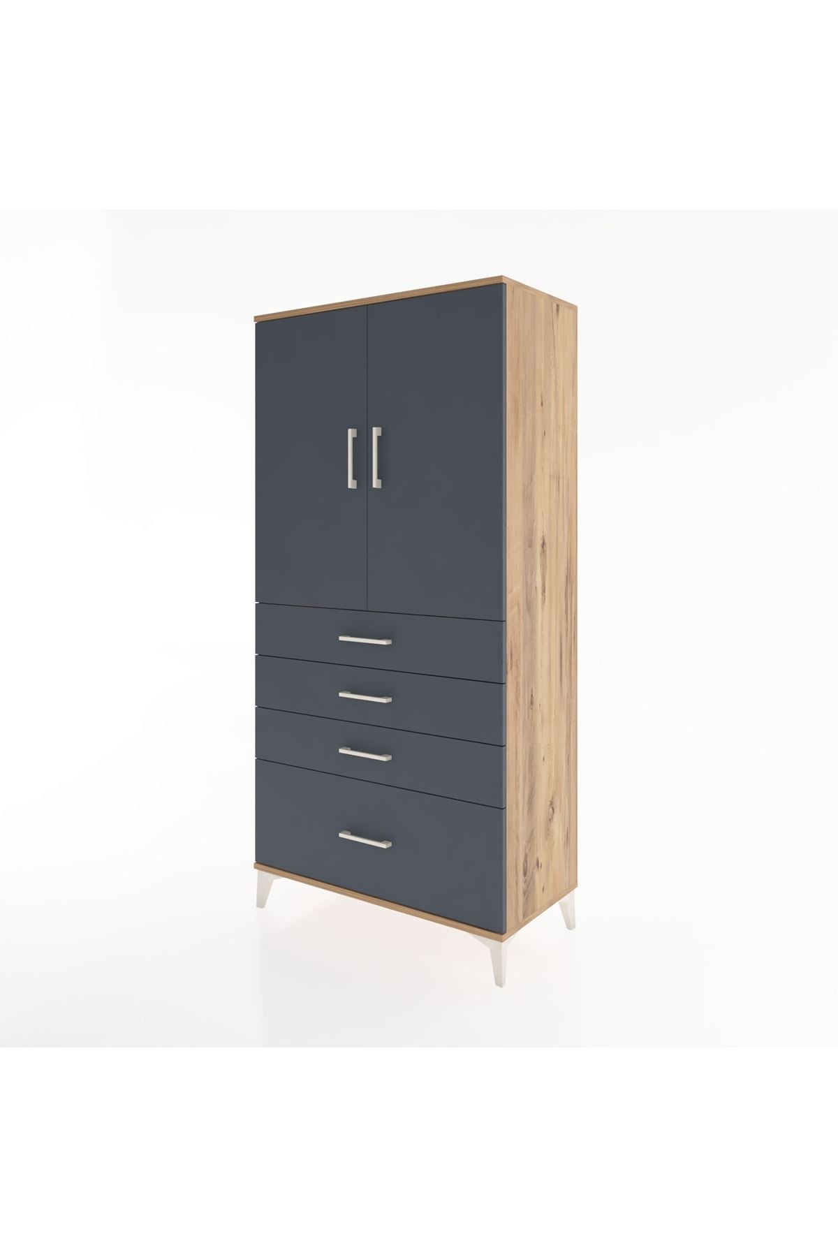 Hyperion Dolap 2 Raflı 4 Çekmeceli 2 Kapaklı 88x44x182 Çam-Antrasit