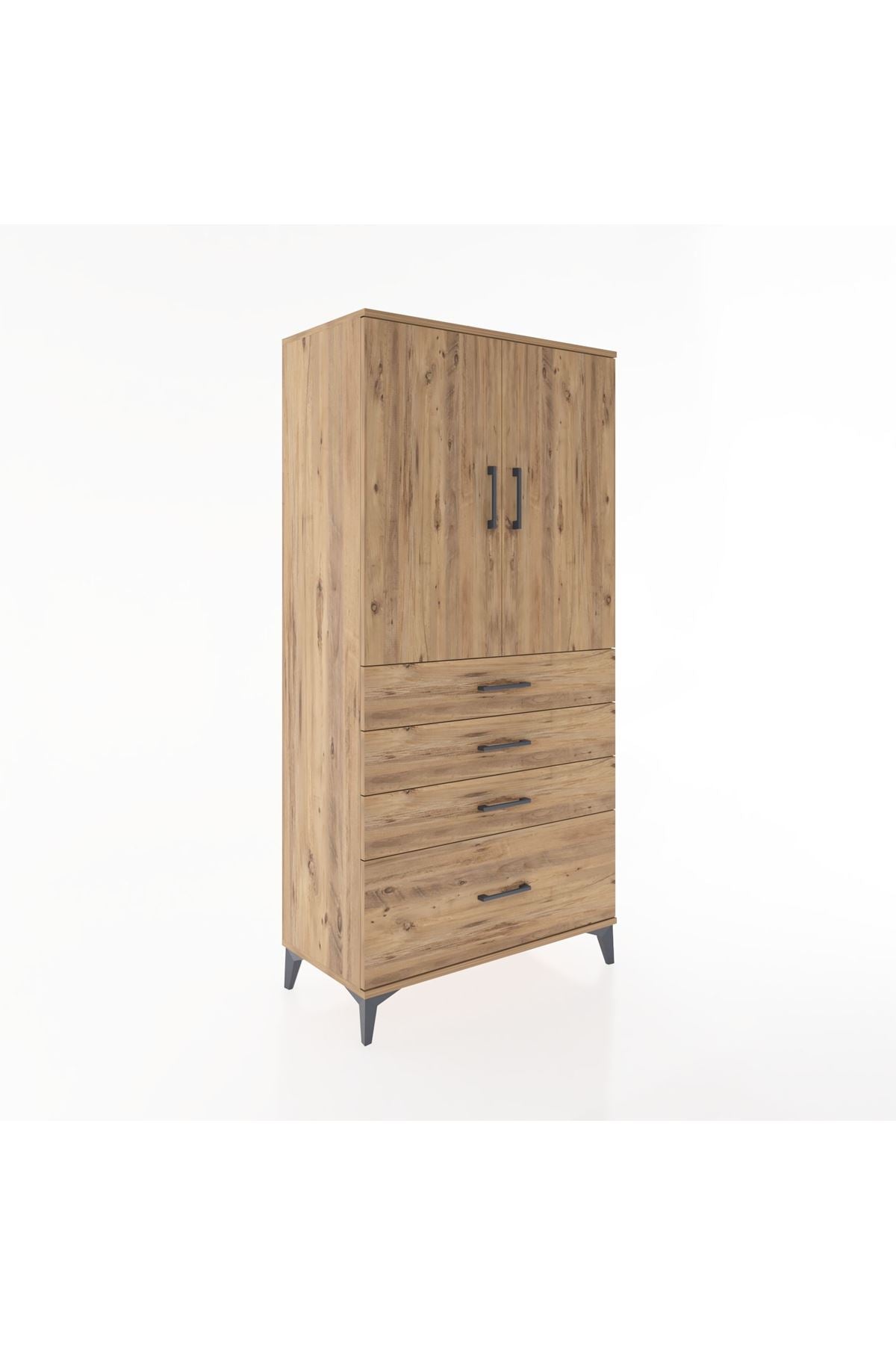 Hyperion Dolap 2 Raflı 4 Çekmeceli 2 Kapaklı 88x44x182 Çam-Çam