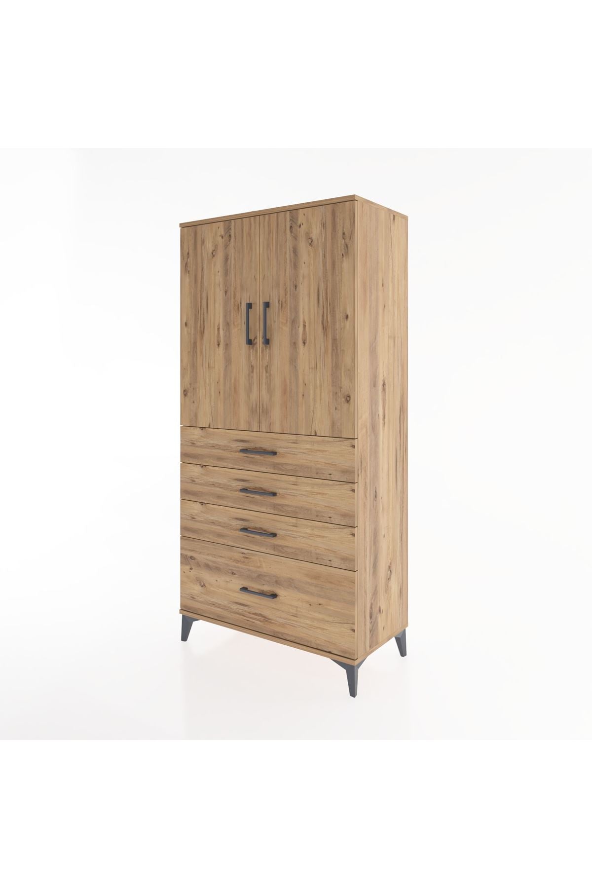 Hyperion Dolap 2 Raflı 4 Çekmeceli 2 Kapaklı 88x44x182 Çam-Çam