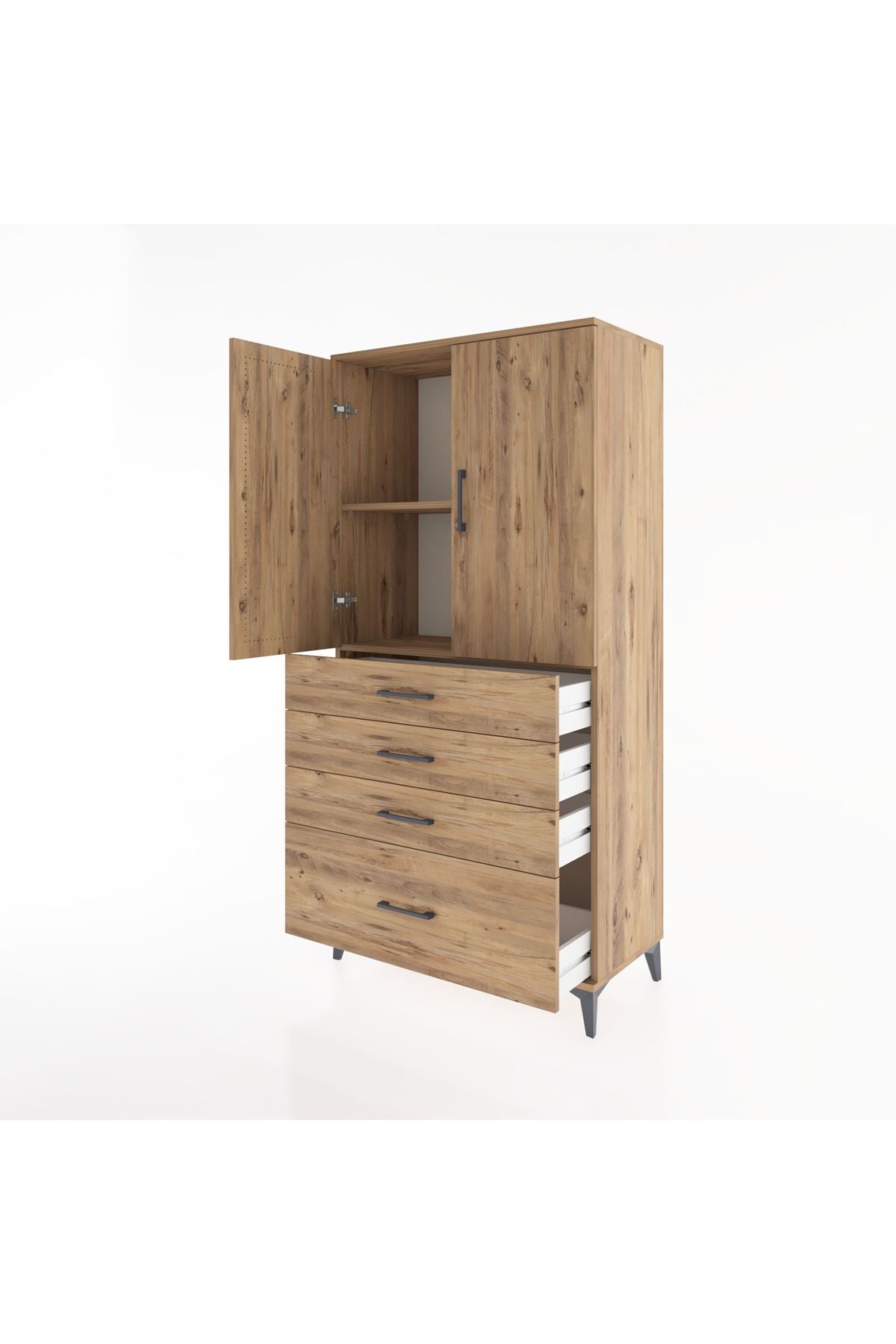 Hyperion Dolap 2 Raflı 4 Çekmeceli 2 Kapaklı 88x44x182 Çam-Çam