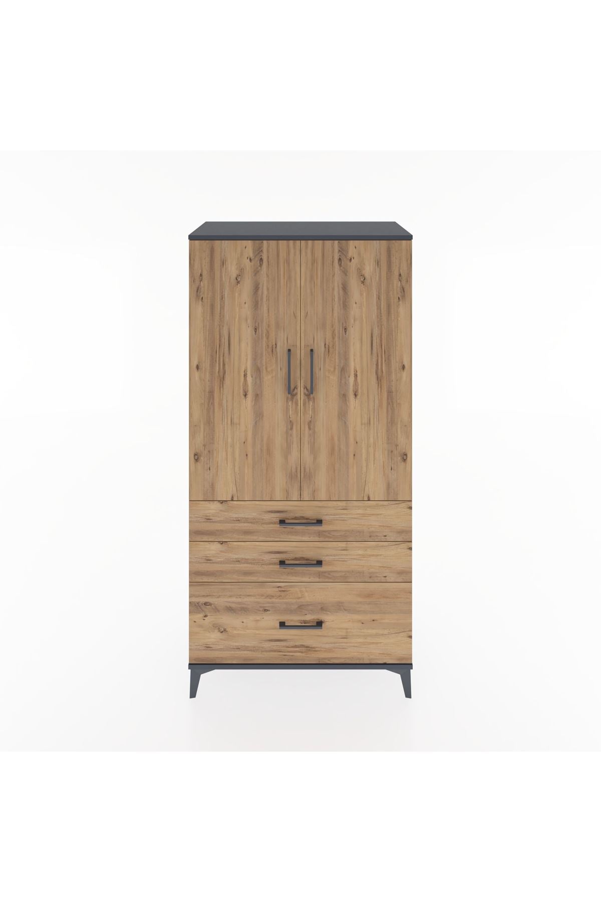 Hyperion Dolap 2 Raflı 3 Çekmeceli 2 Kapaklı 88x44x182 Antrasit-Çam