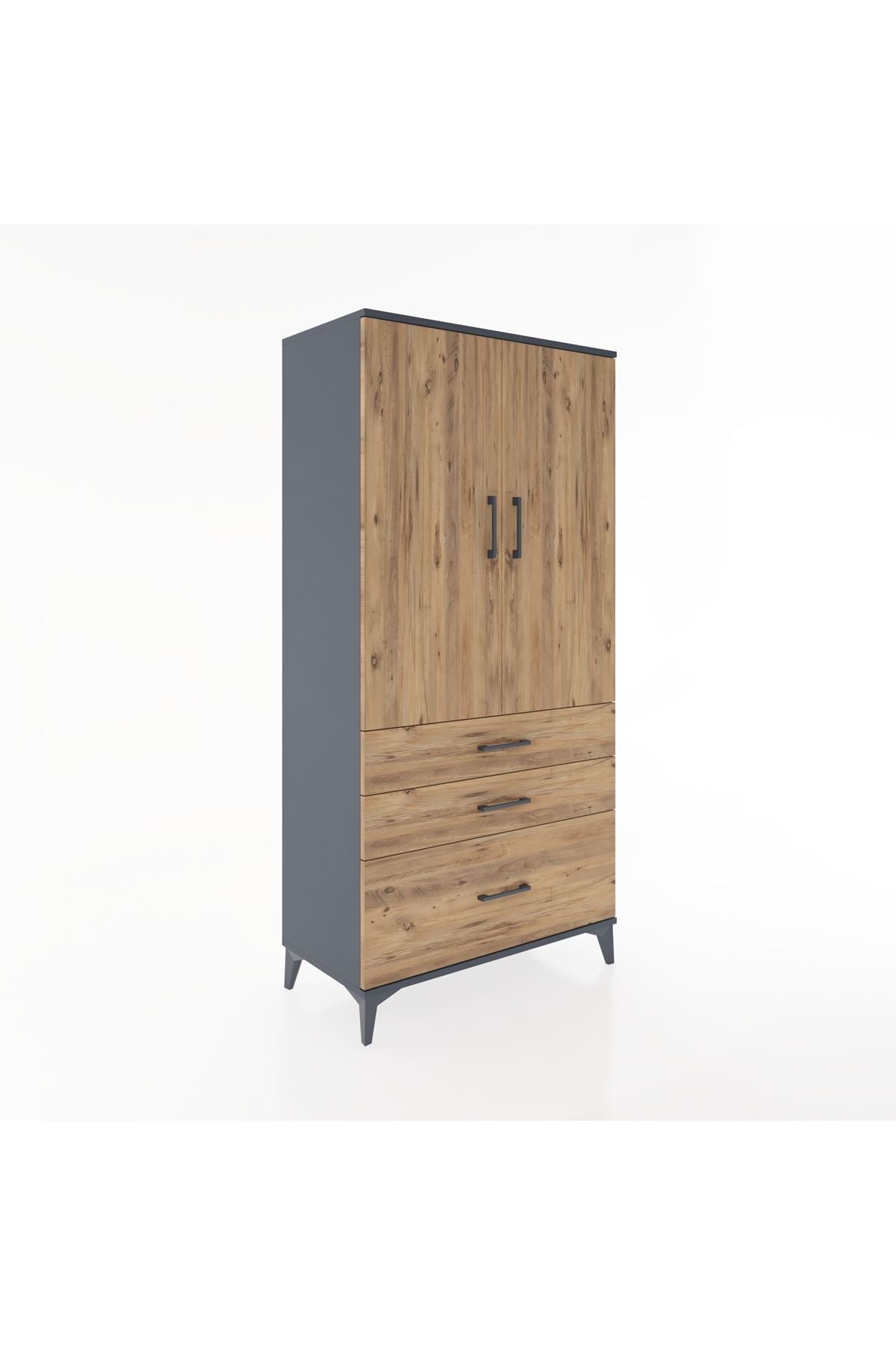 Hyperion Dolap 2 Raflı 3 Çekmeceli 2 Kapaklı 88x44x182 Antrasit-Çam