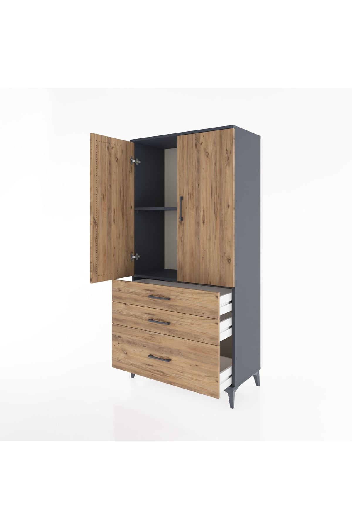 Hyperion Dolap 2 Raflı 3 Çekmeceli 2 Kapaklı 88x44x182 Antrasit-Çam