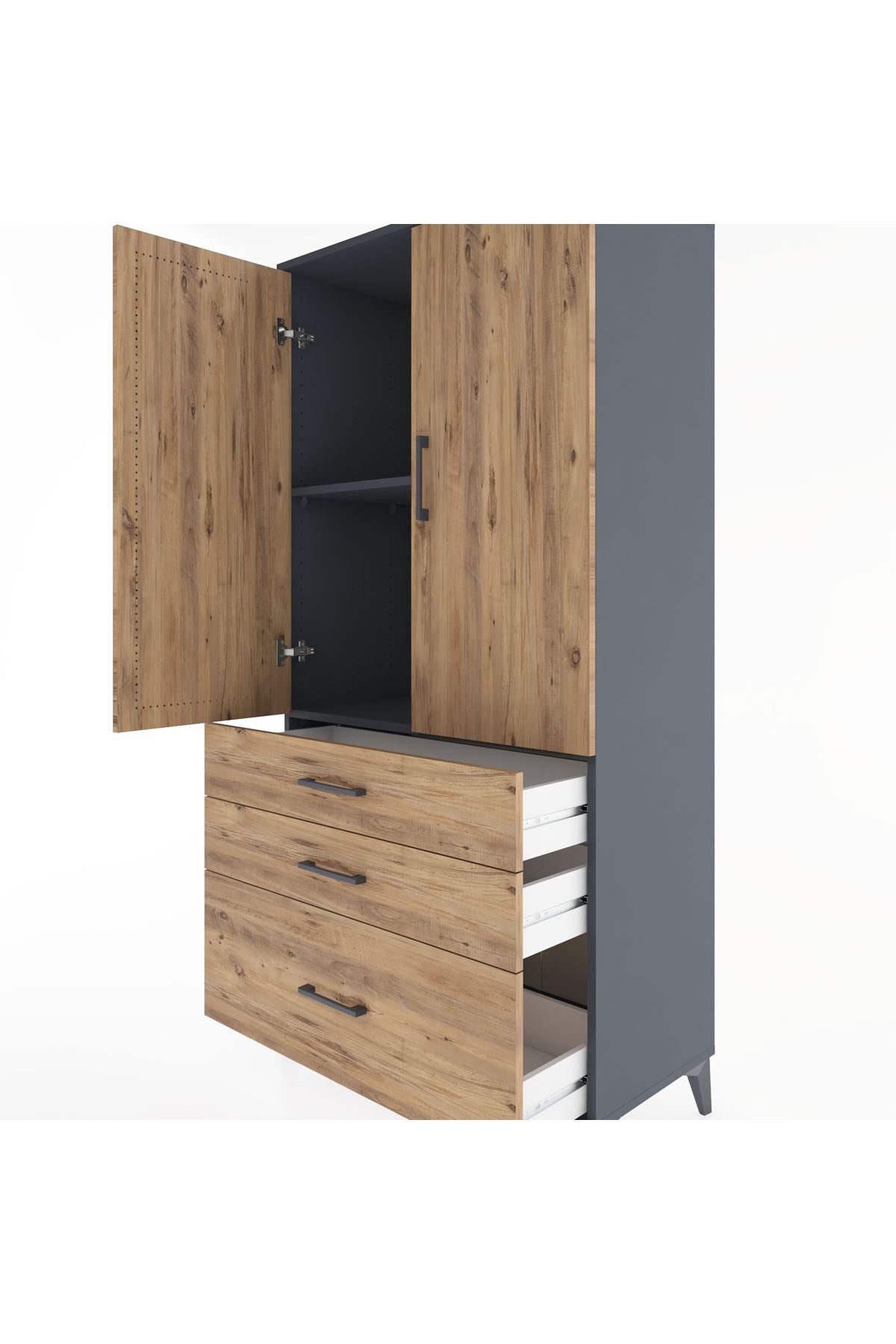 Hyperion Dolap 2 Raflı 3 Çekmeceli 2 Kapaklı 88x44x182 Antrasit-Çam