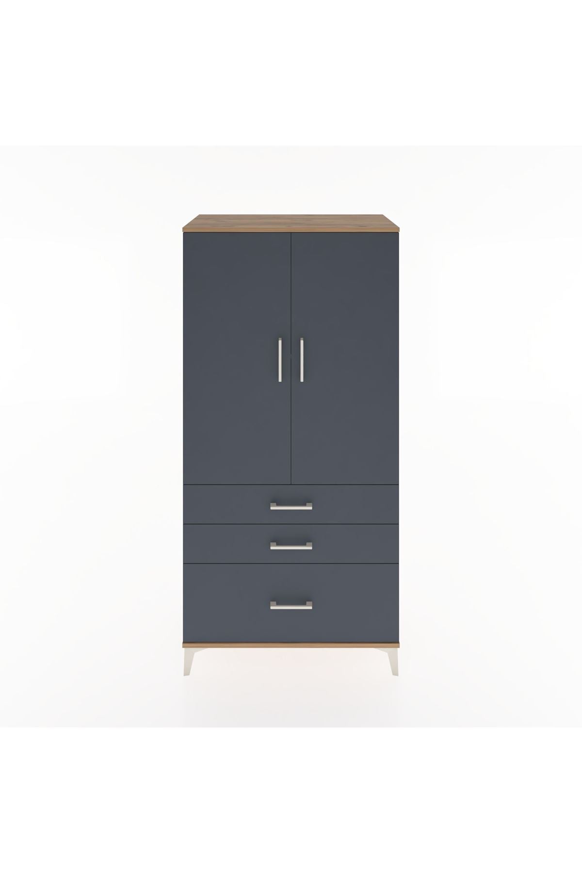 Hyperion Dolap 2 Raflı 3 Çekmeceli 2 Kapaklı 88x44x182 Çam-Antrasit