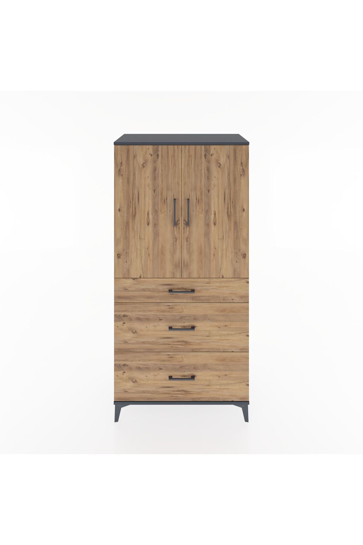 Hyperion Dolap 2 Raflı 3 Çekmeceli 2 Kapaklı 88x44x182 Antrasit-Çam