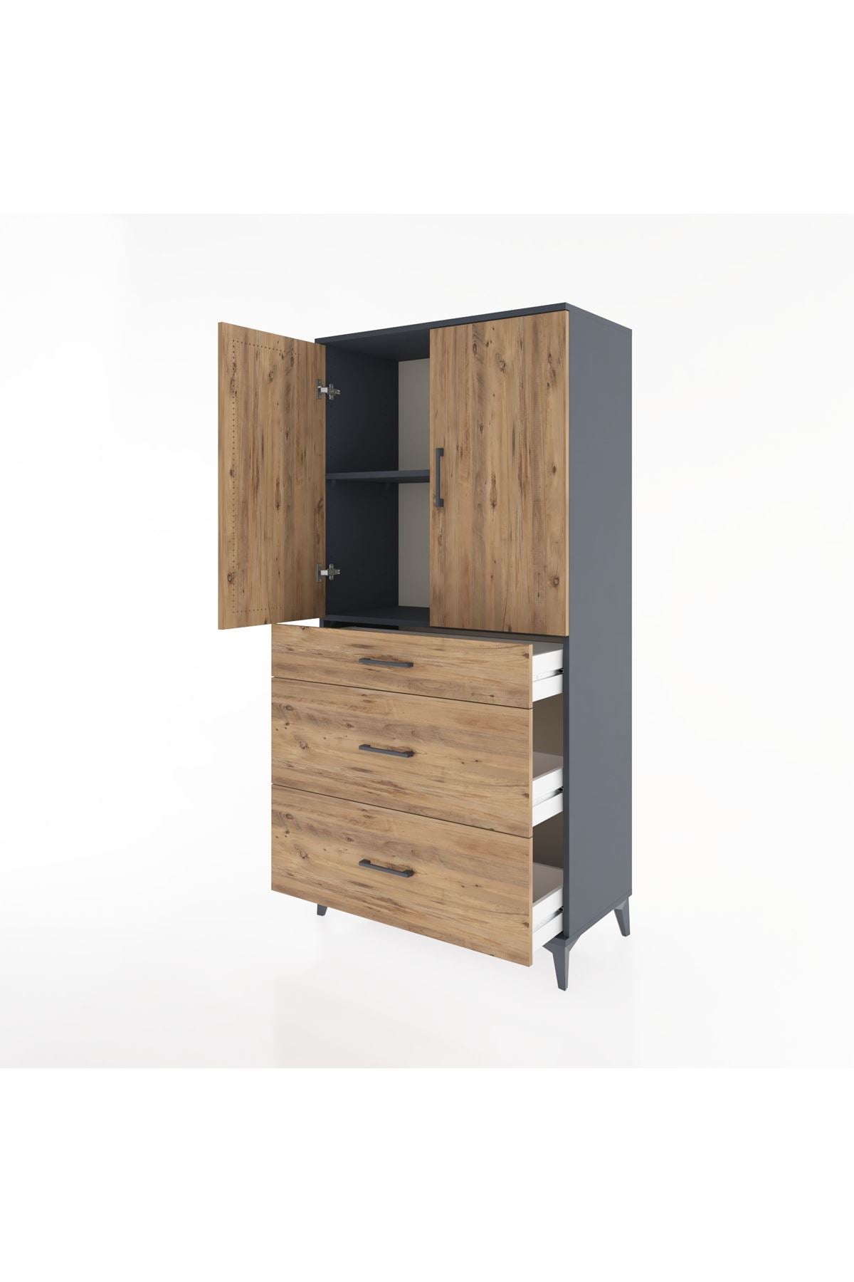 Hyperion Dolap 2 Raflı 3 Çekmeceli 2 Kapaklı 88x44x182 Antrasit-Çam