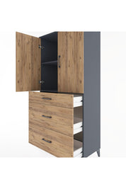 Hyperion Dolap 2 Raflı 3 Çekmeceli 2 Kapaklı 88x44x182 Antrasit-Çam
