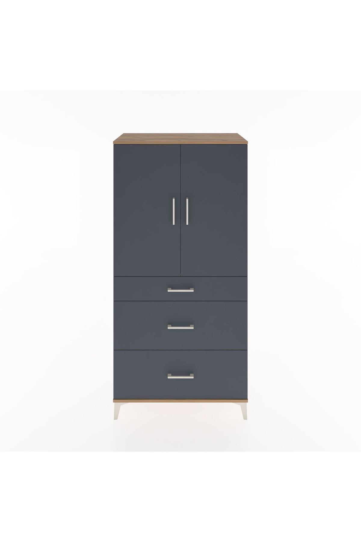 Hyperion Dolap 2 Raflı 3 Çekmeceli 2 Kapaklı 88x44x182 Çam-Antrasit