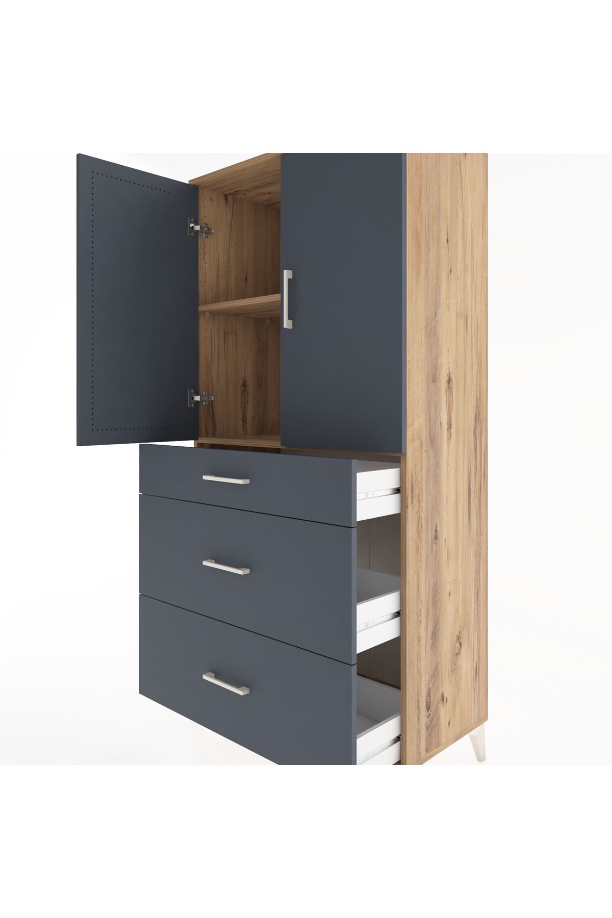 Hyperion Dolap 2 Raflı 3 Çekmeceli 2 Kapaklı 88x44x182 Çam-Antrasit