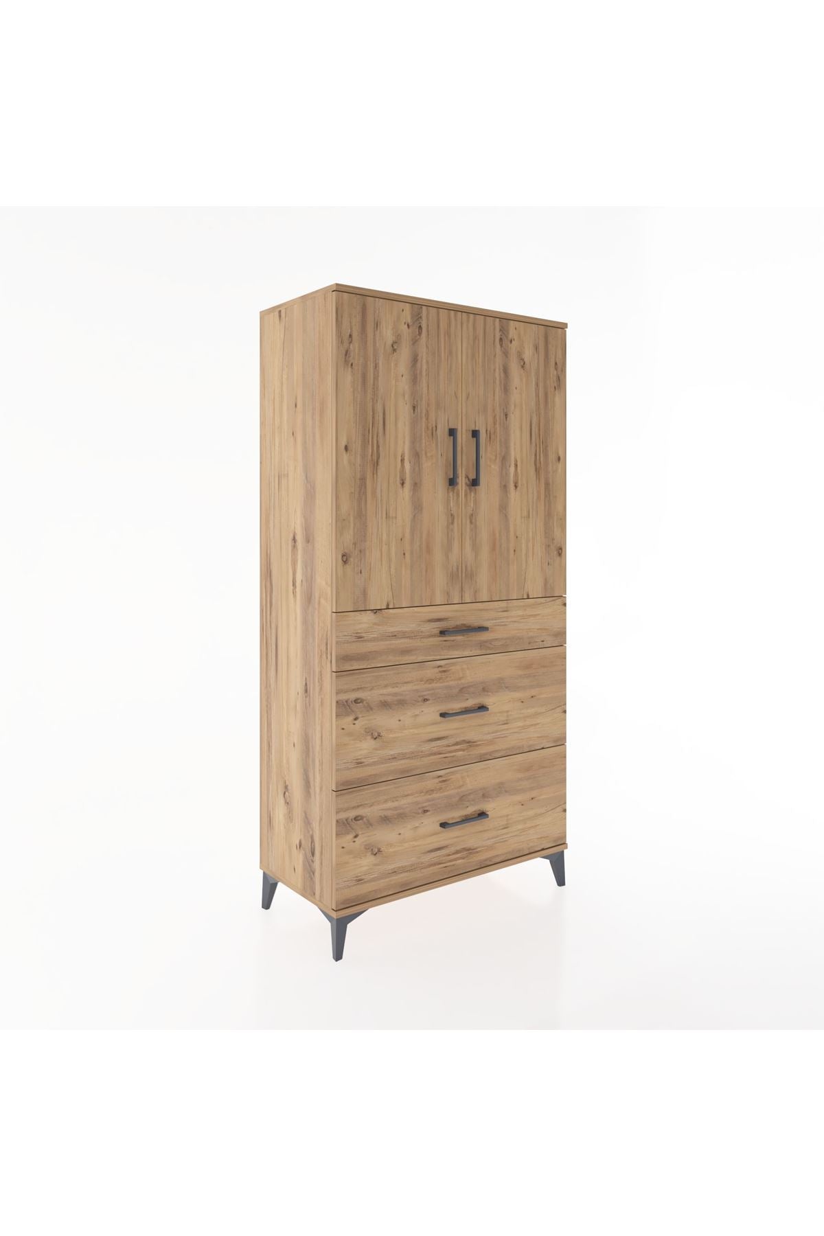 Hyperion Dolap 2 Raflı 3 Çekmeceli 2 Kapaklı 88x44x182 Çam-Çam