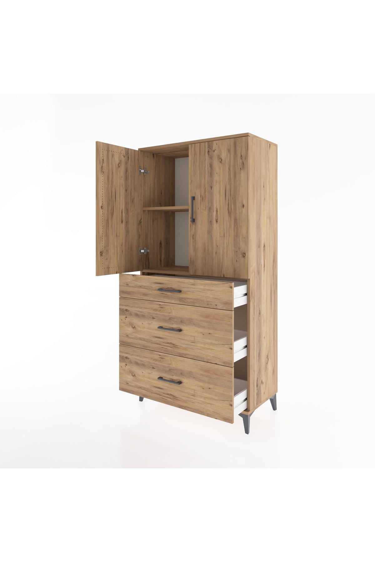 Hyperion Dolap 2 Raflı 3 Çekmeceli 2 Kapaklı 88x44x182 Çam-Çam