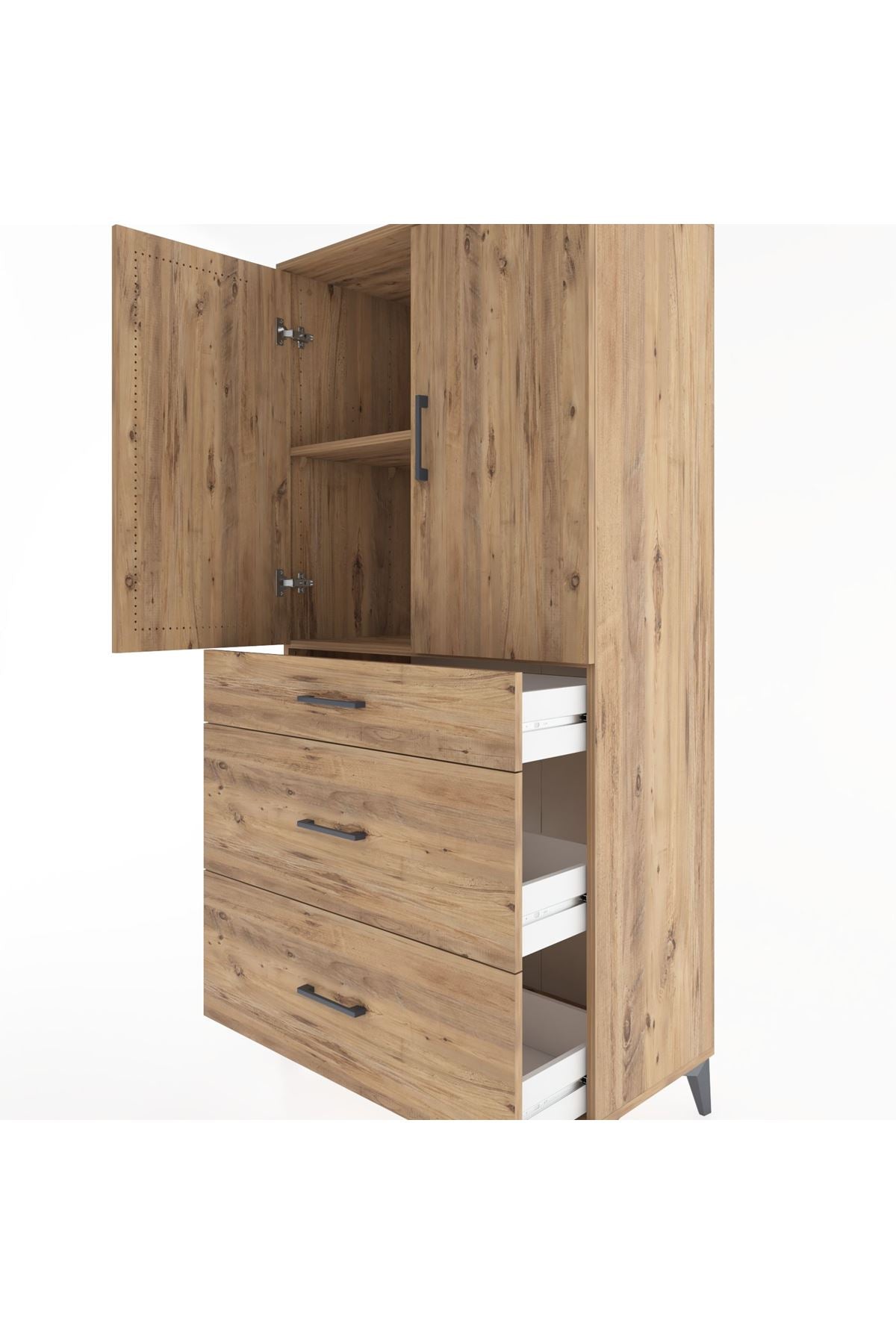 Hyperion Dolap 2 Raflı 3 Çekmeceli 2 Kapaklı 88x44x182 Çam-Çam