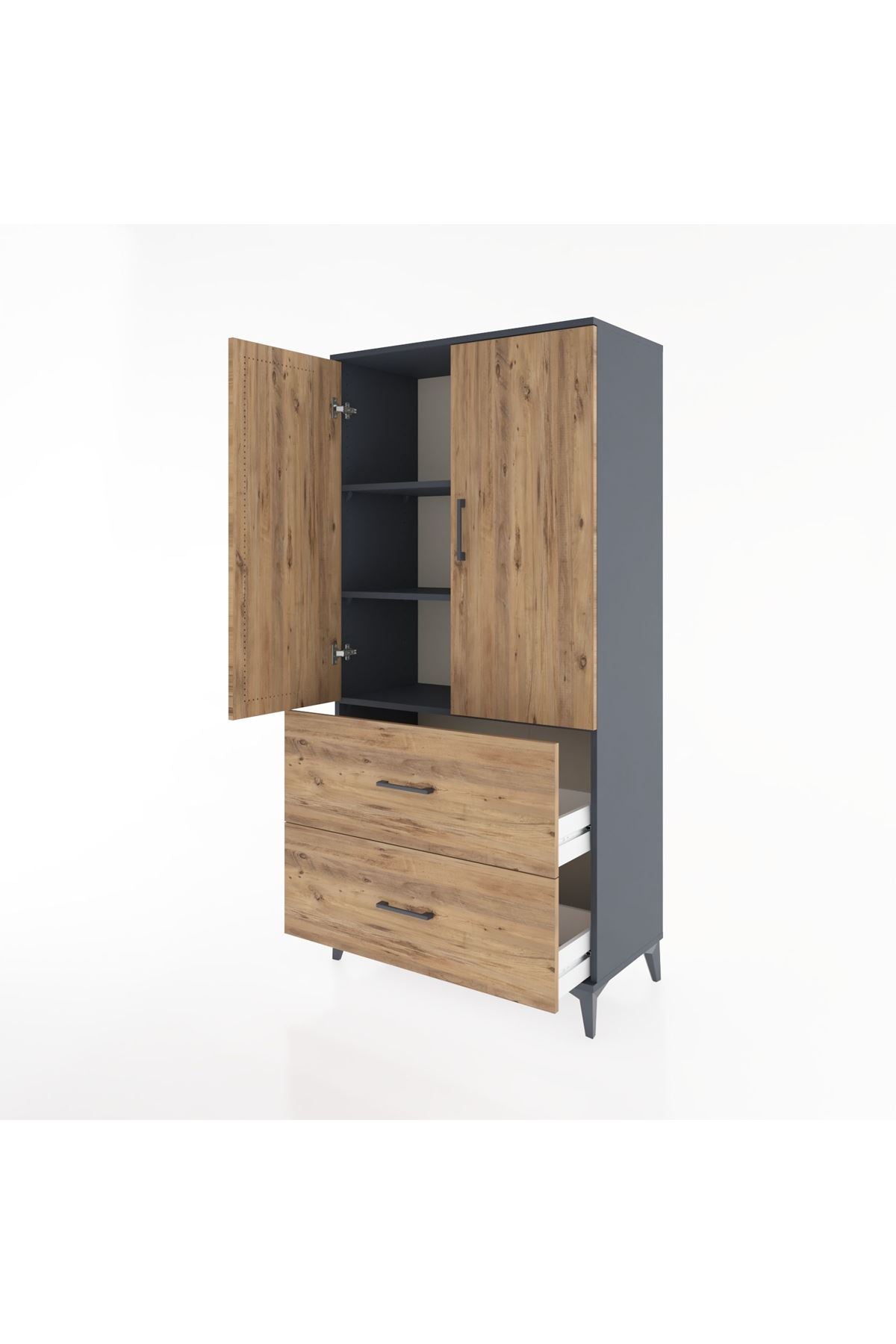 Hyperion Dolap 3 Raflı 2 Çekmeceli 2 Kapaklı 88x44x182 Antrasit-Çam