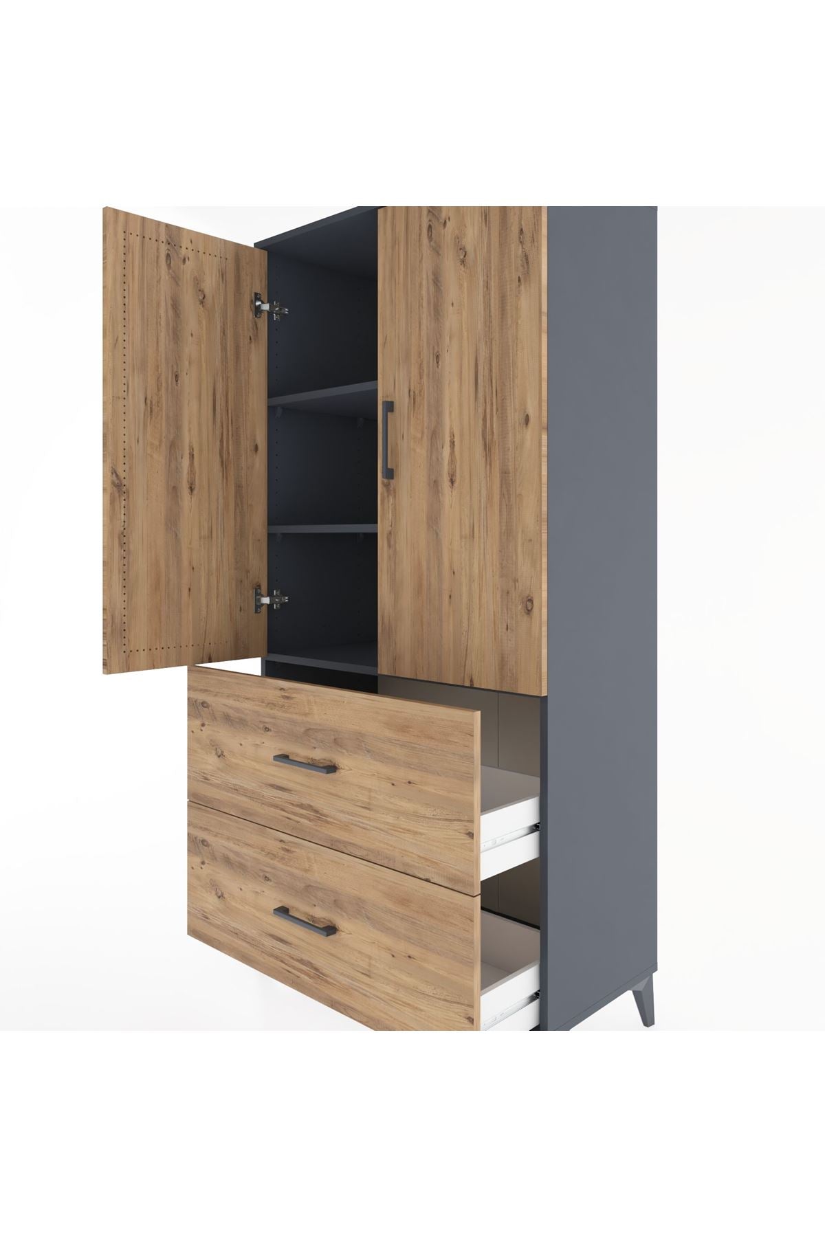 Hyperion Dolap 3 Raflı 2 Çekmeceli 2 Kapaklı 88x44x182 Antrasit-Çam
