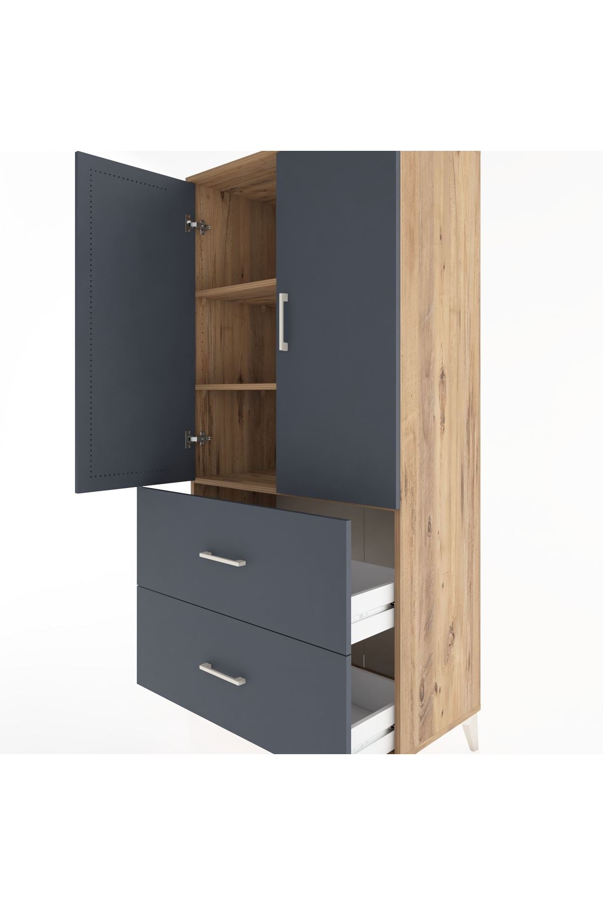 Hyperion Dolap 3 Raflı 2 Çekmeceli 2 Kapaklı 88x44x182 Çam-Antrasit