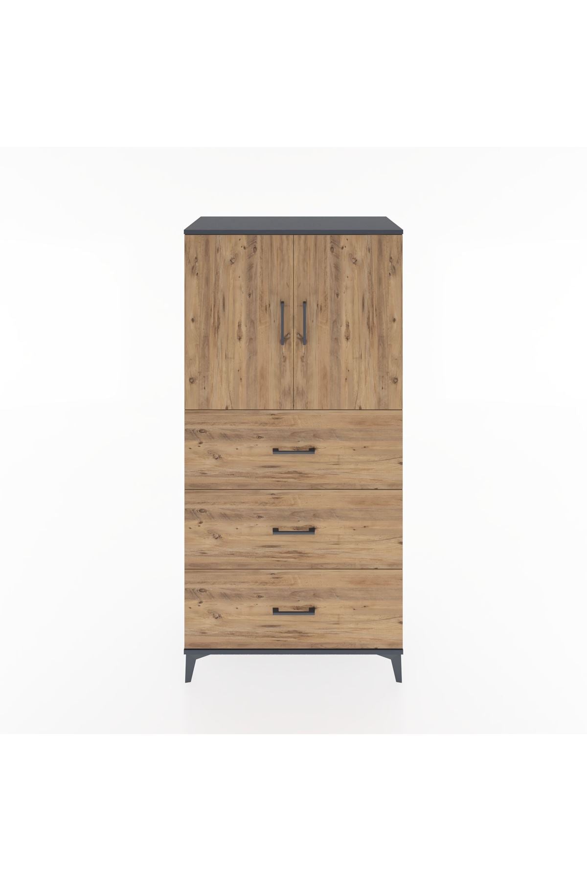 Hyperion Dolap 2 Raflı 3 Çekmeceli 2 Kapaklı 88x44x182 Antrasit-Çam