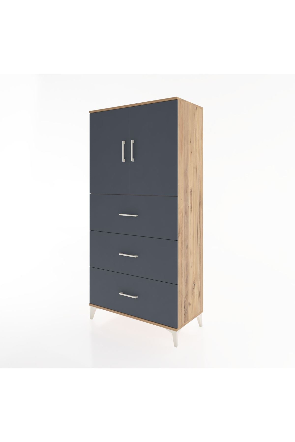 Hyperion Dolap 2 Raflı 3 Çekmeceli 2 Kapaklı 88x44x182 Çam-Antrasit